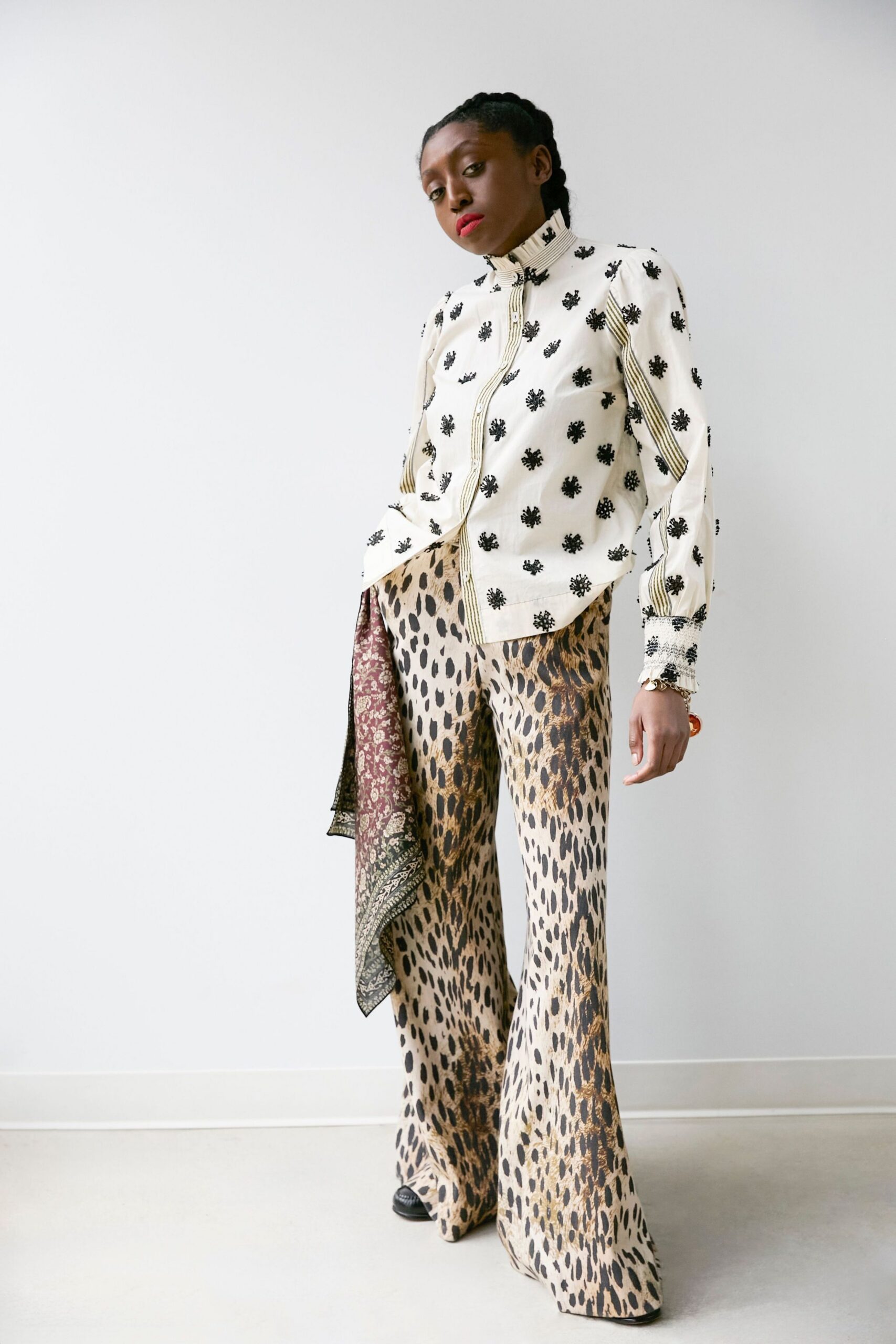 white cotton long-sleeve collared relaxed buttoned embroidered shirt