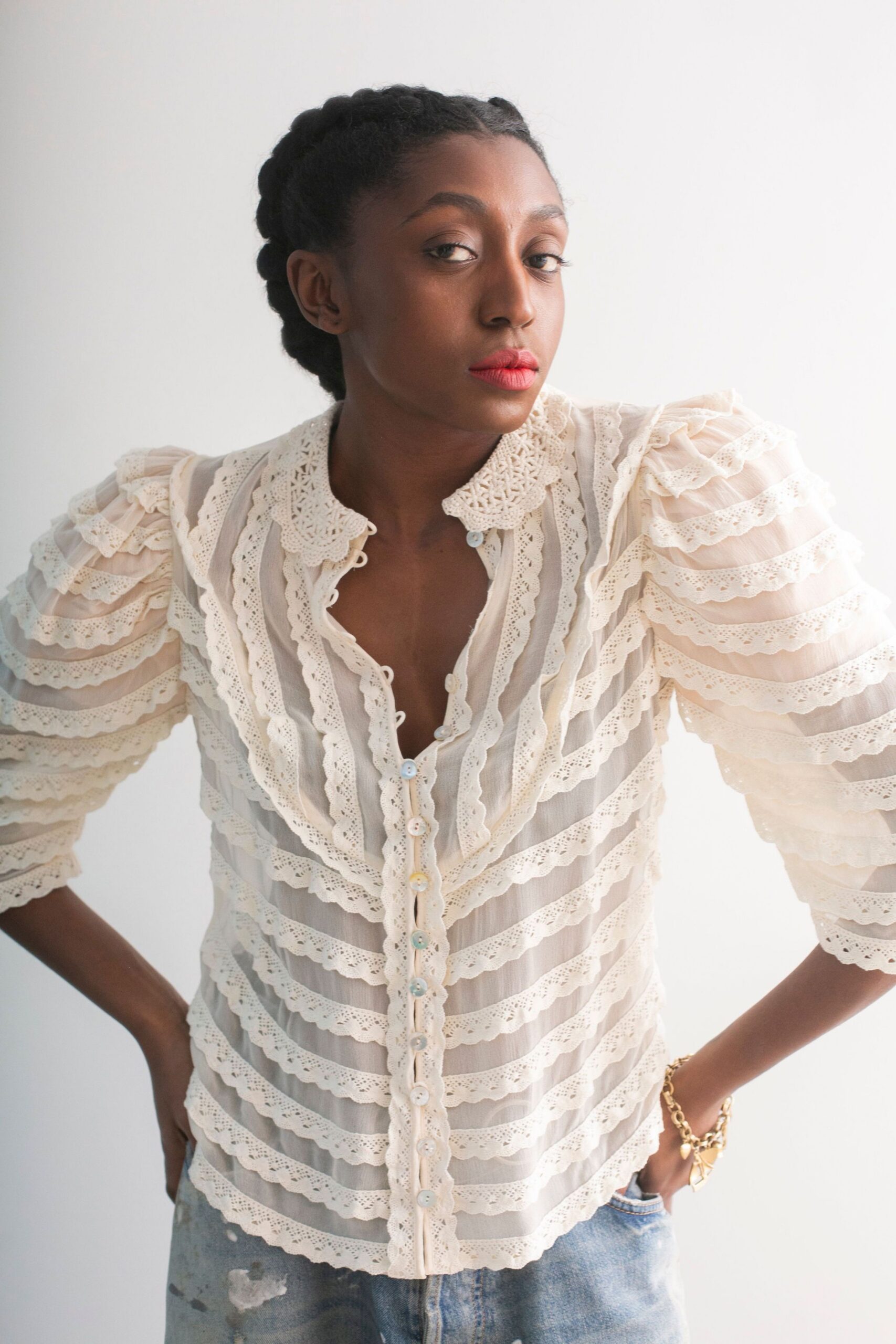 ivory lace long-sleeve collared fitted striped ruffled blouse