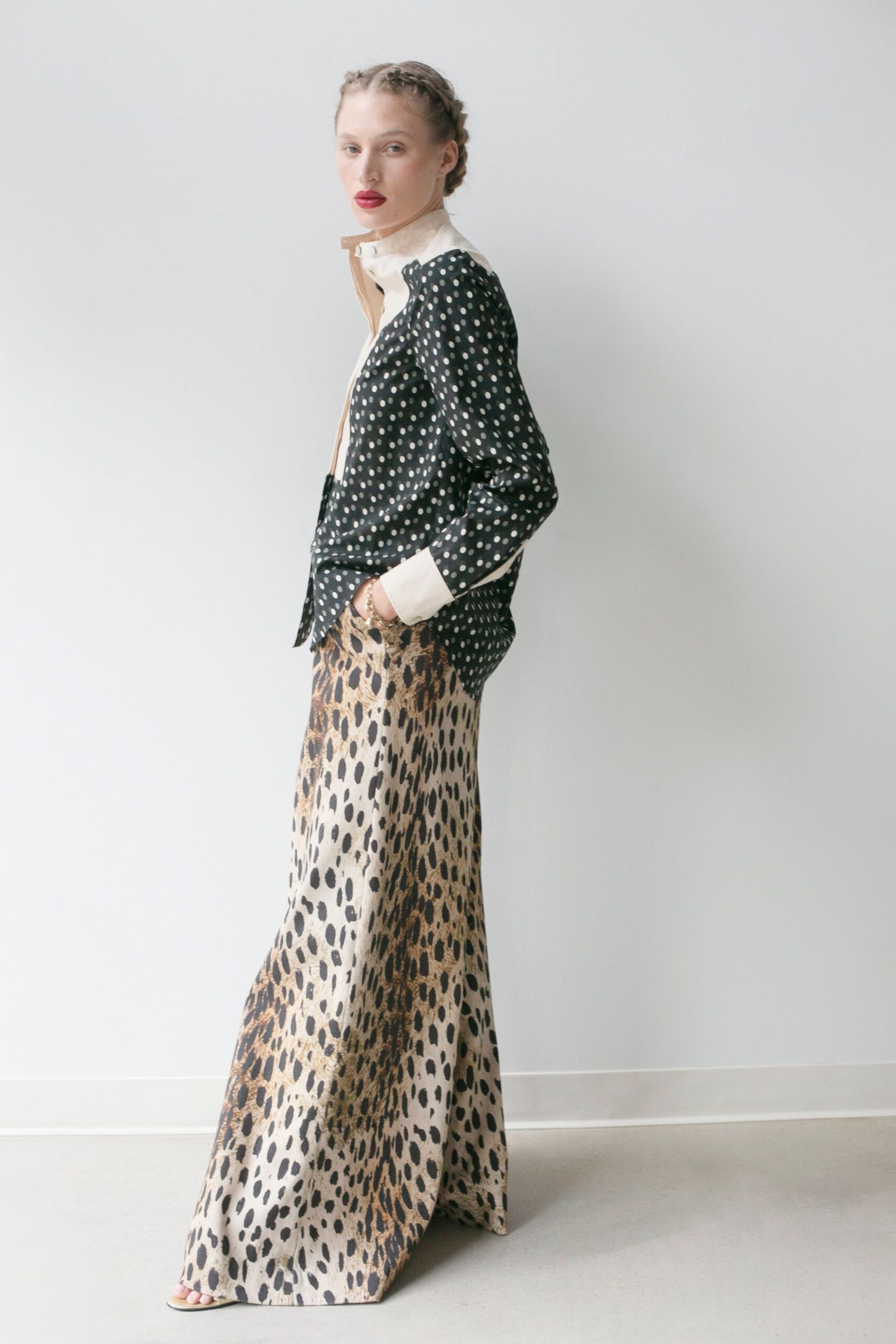 beige silk fitted animal-print flared maxi skirt