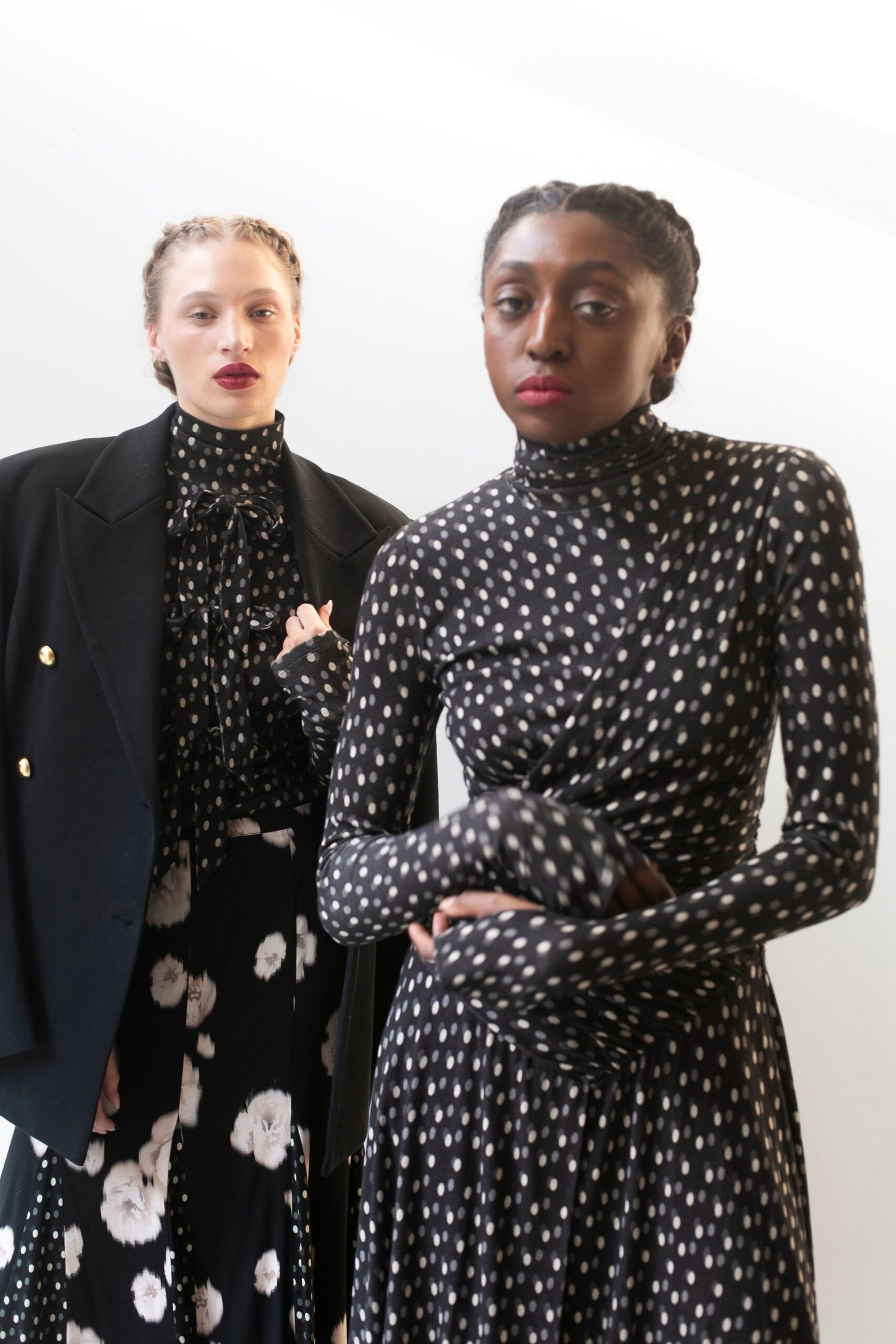 black silk long-sleeve high-neck fitted printed tiered dress