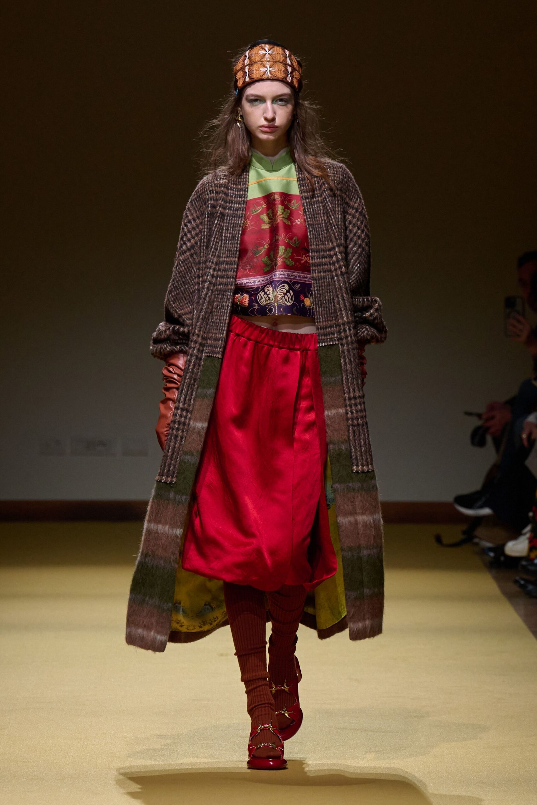 brown wool relaxed coat with red skirt