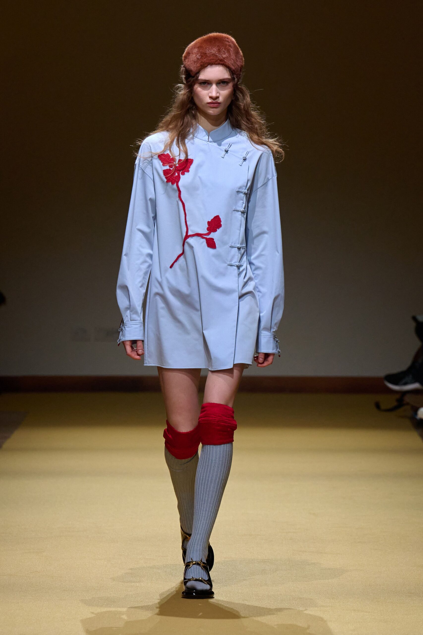 blue cotton long-sleeve collared fitted embroidered mini shirt-dress