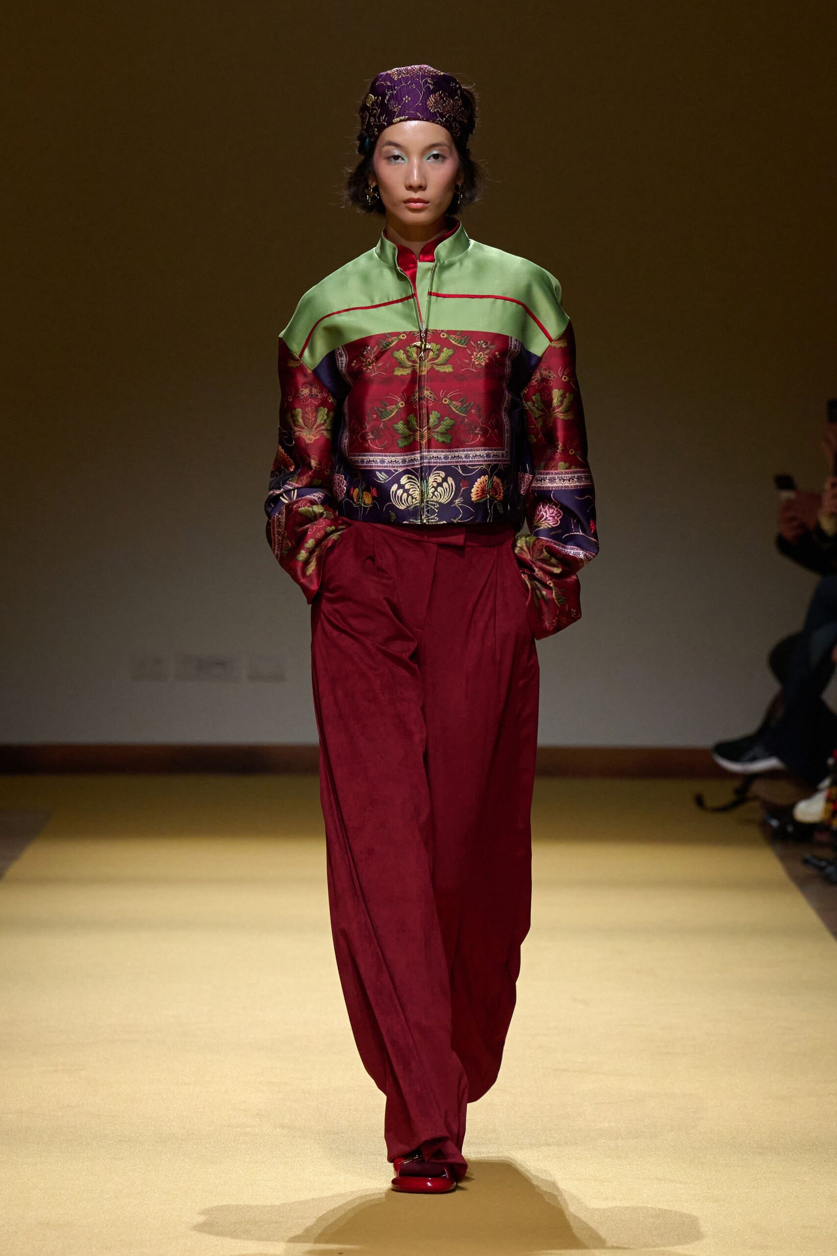 red silk long-sleeve collared relaxed embroidered blouse