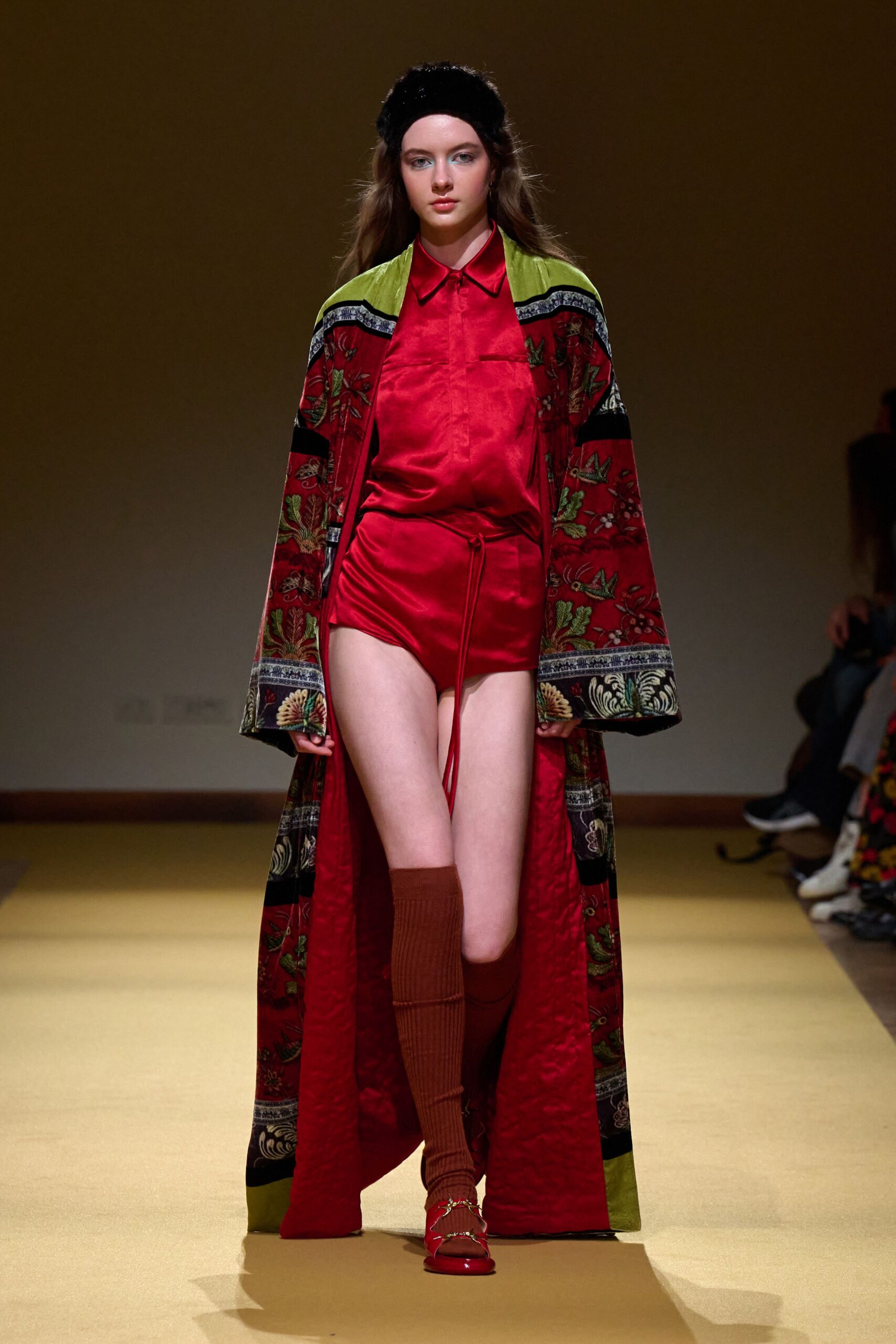 red silk long-sleeve collared relaxed embroidered coat