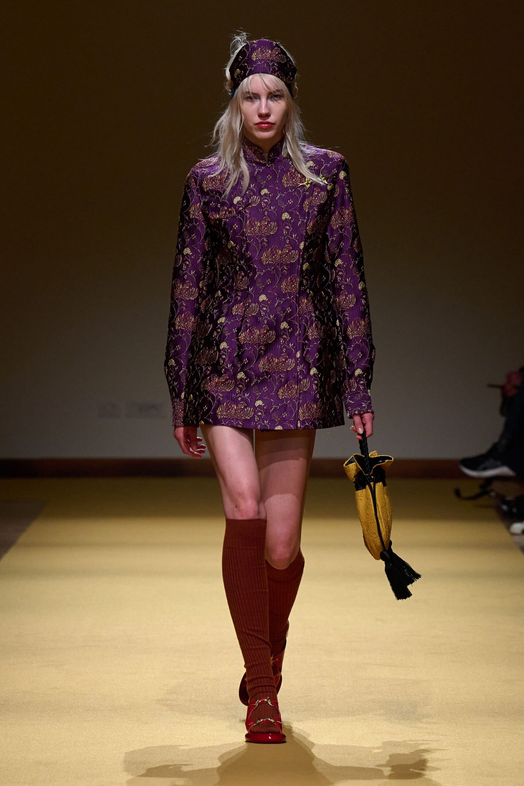 purple silk long-sleeve collared fitted embroidered pleated mini-dress