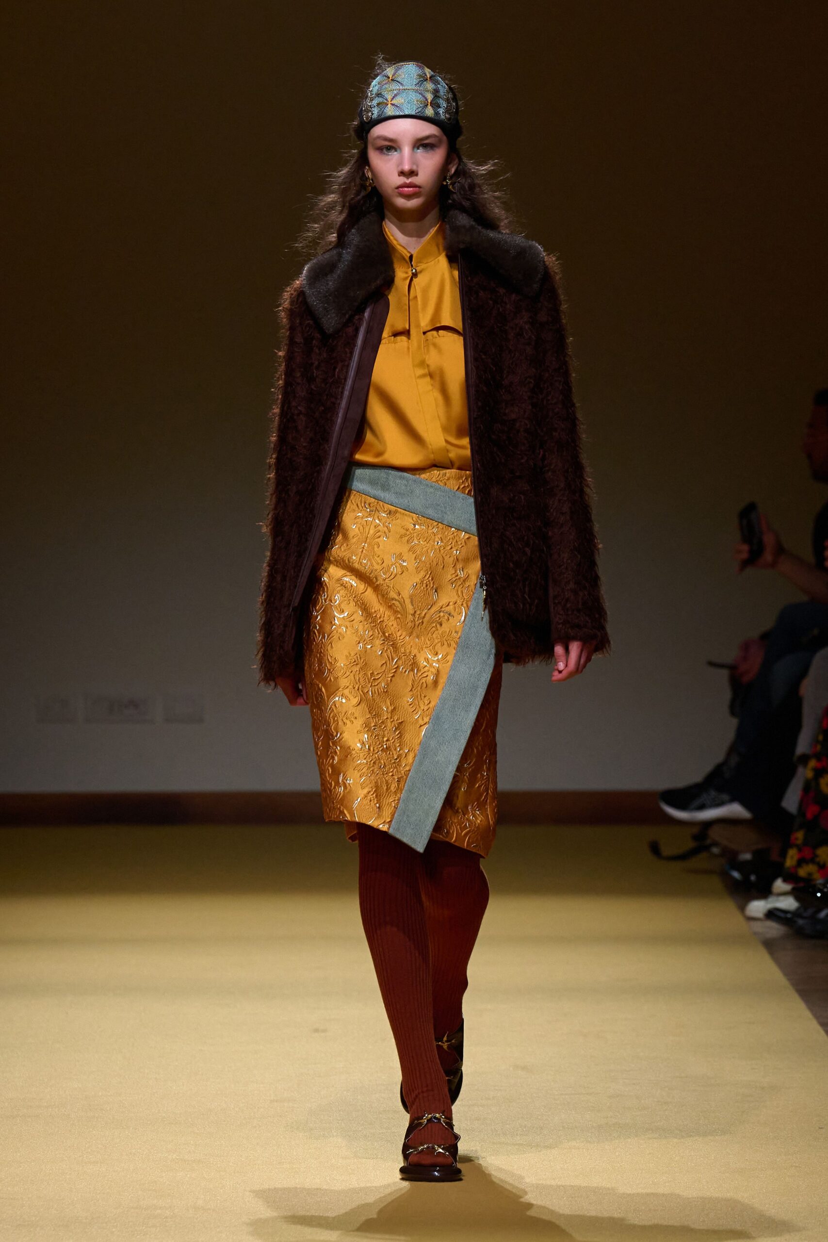 yellow silk long-sleeve collared fitted blouse