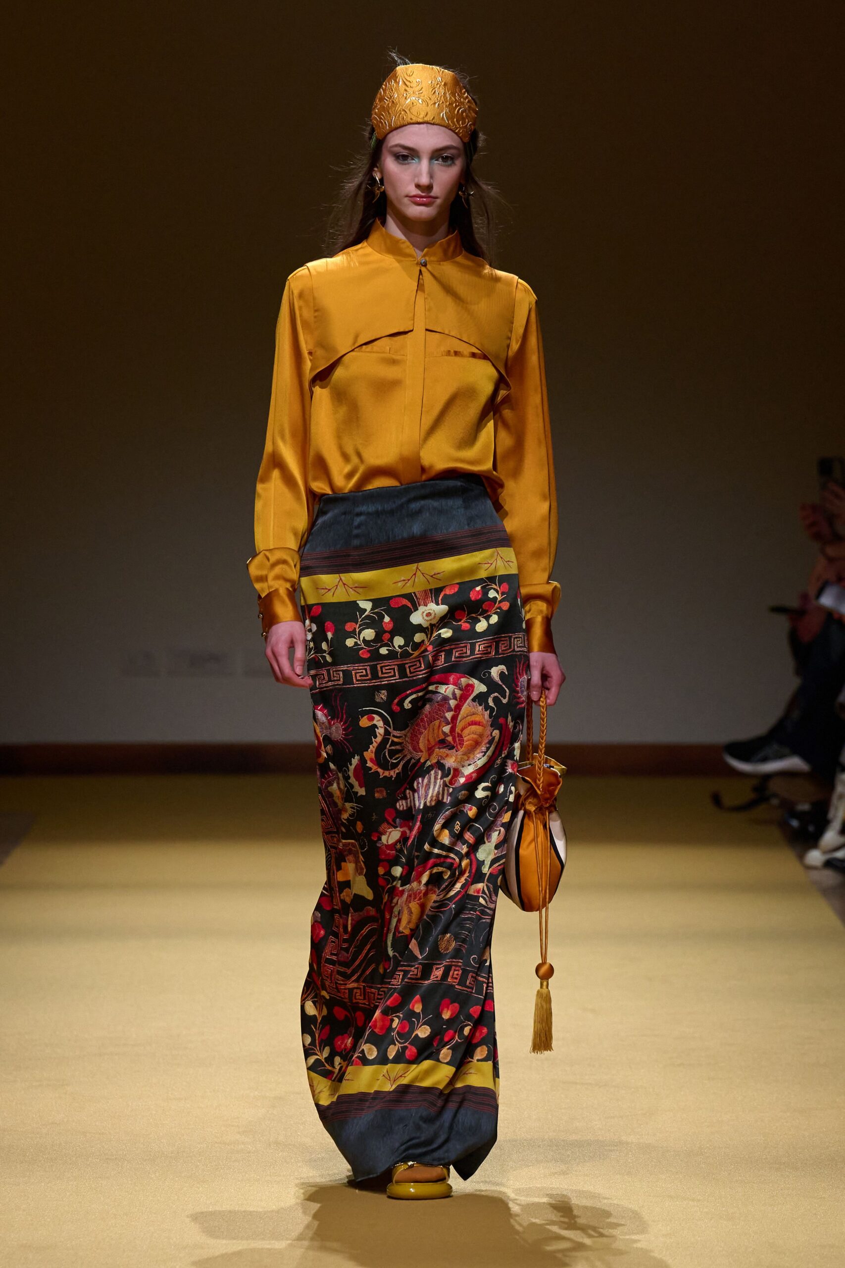 multi silk fitted pleated maxi skirt