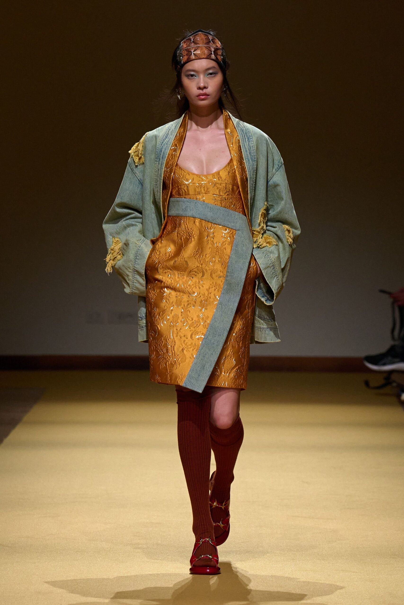 gold silk sleeveless v-neck fitted embroidered belted dress