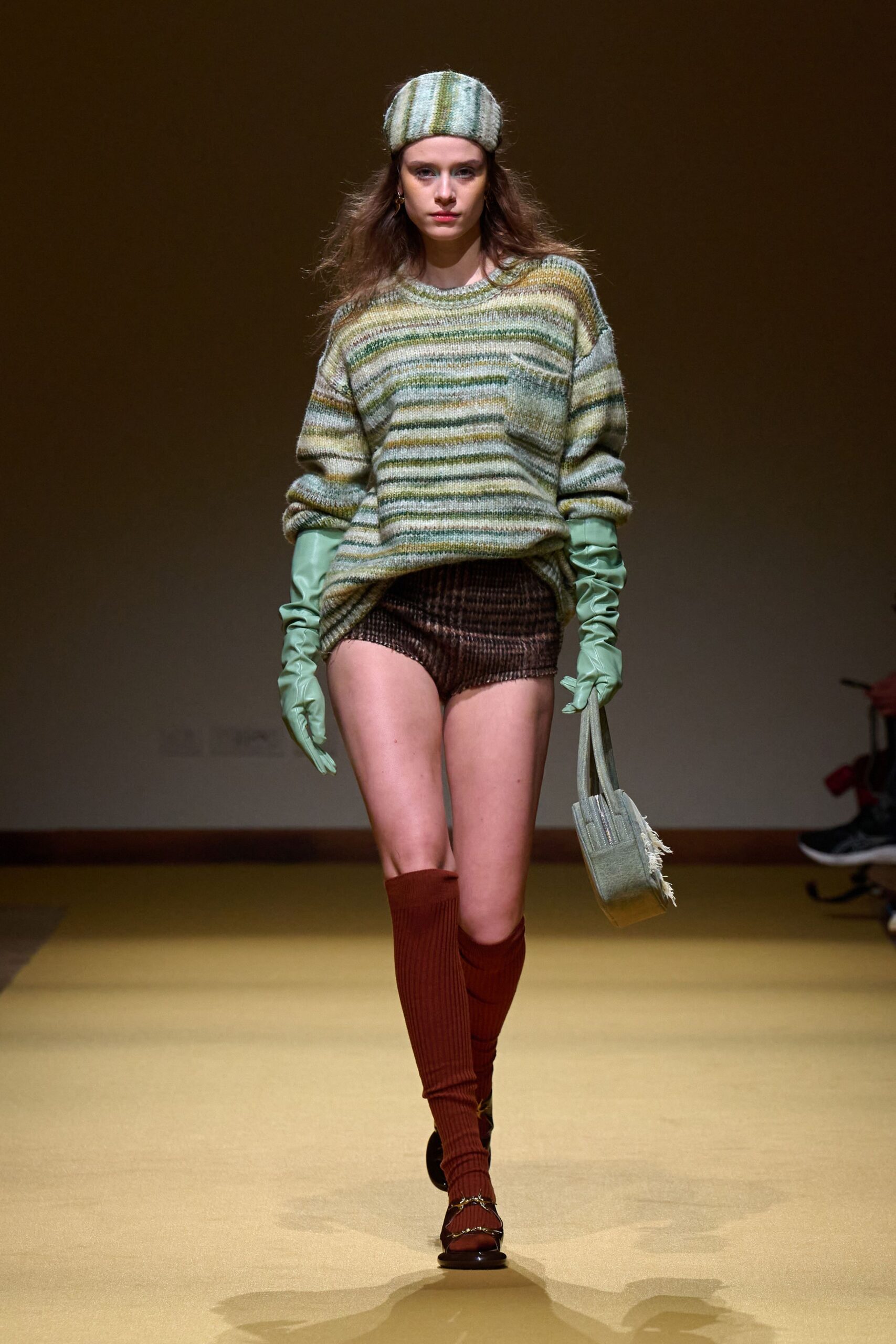 green wool long-sleeve collared oversized striped sweater