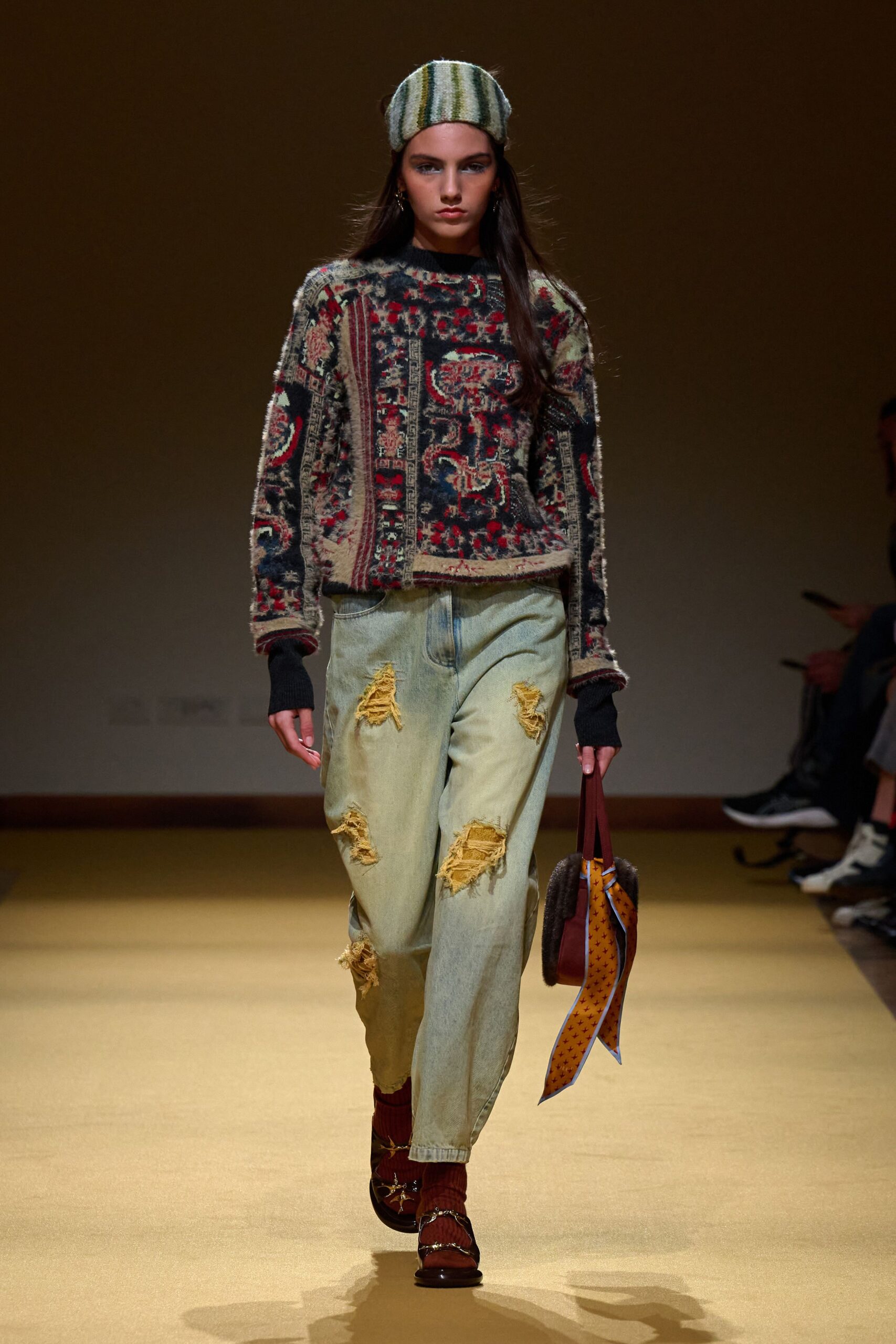 multi wool long-sleeve collared relaxed embroidered distressed sweater