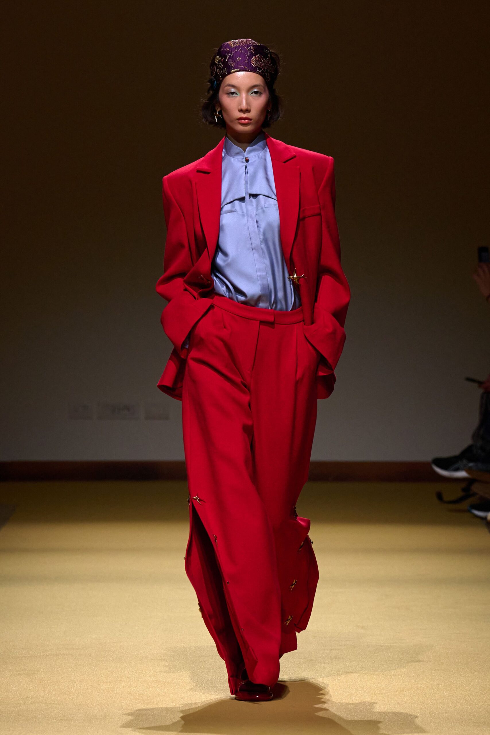 red tailored zippered pants
