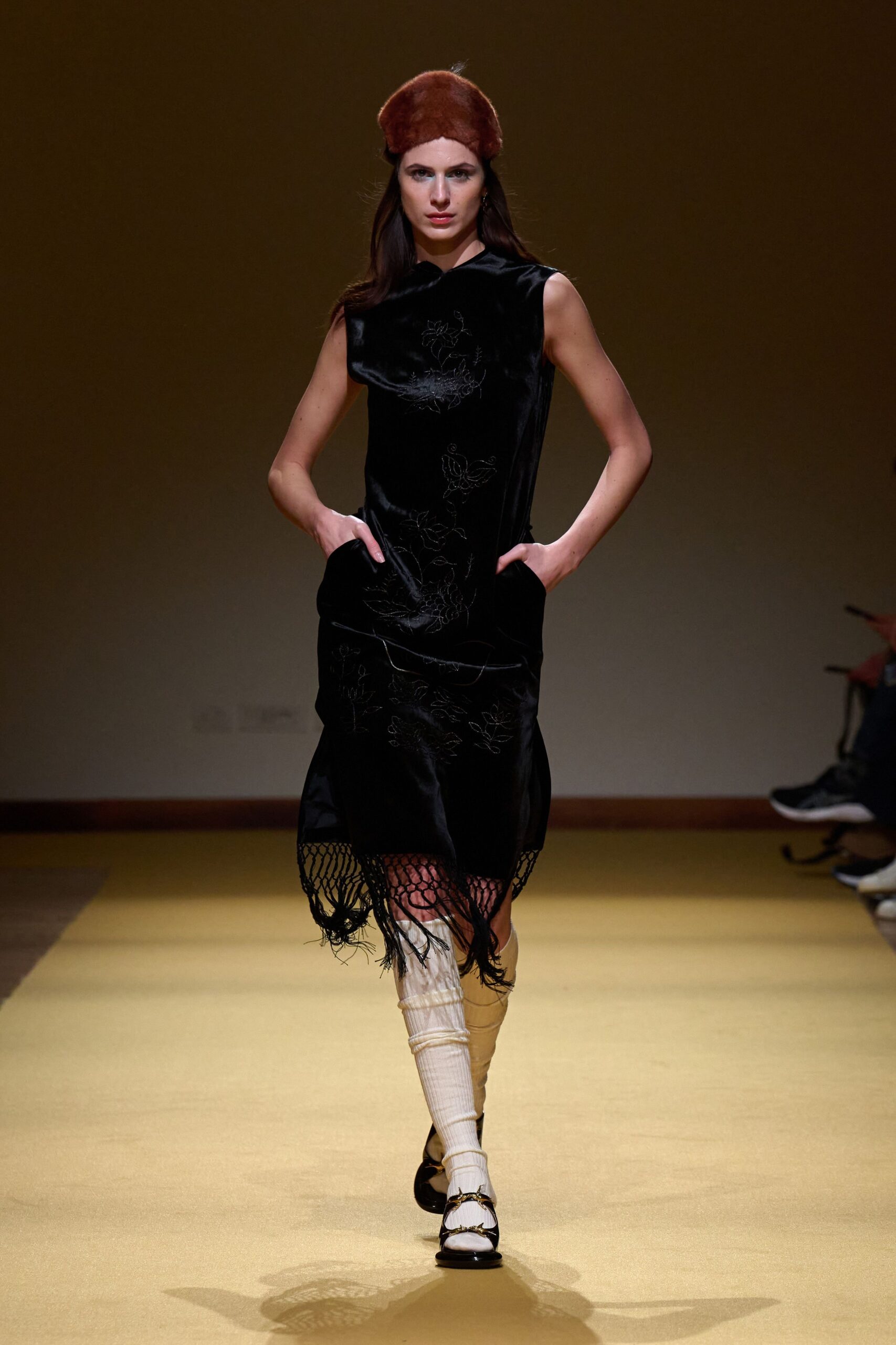black silk embroidered midi dress
