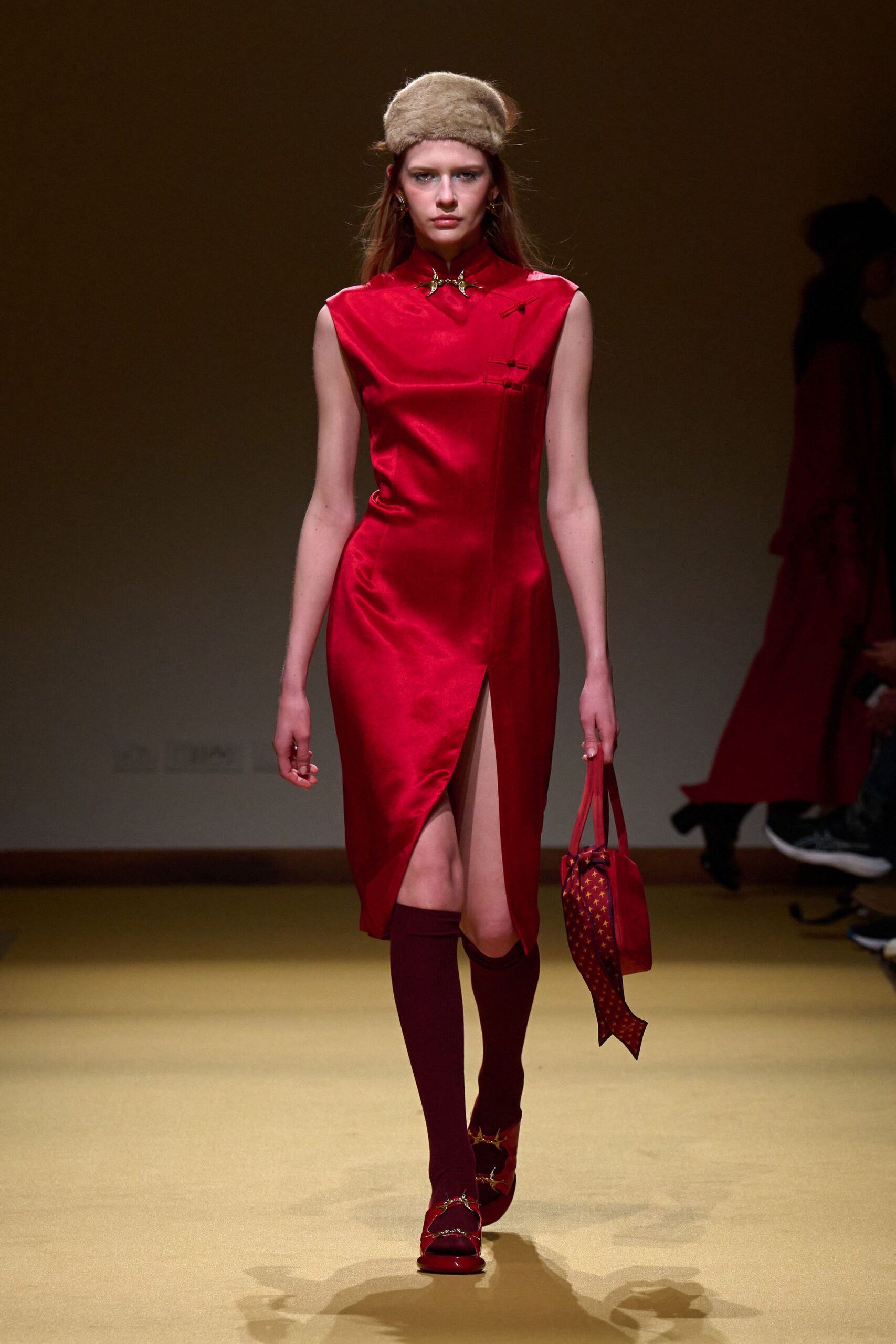 red silk sleeveless high-neck fitted zippered mini dress