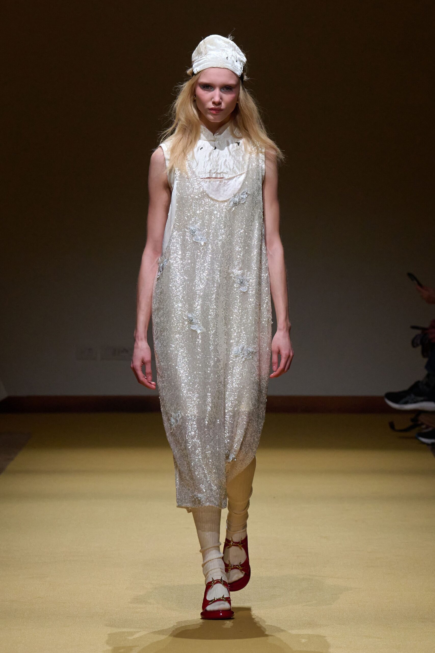 white silk sleeveless high-neck relaxed sequined draped dress