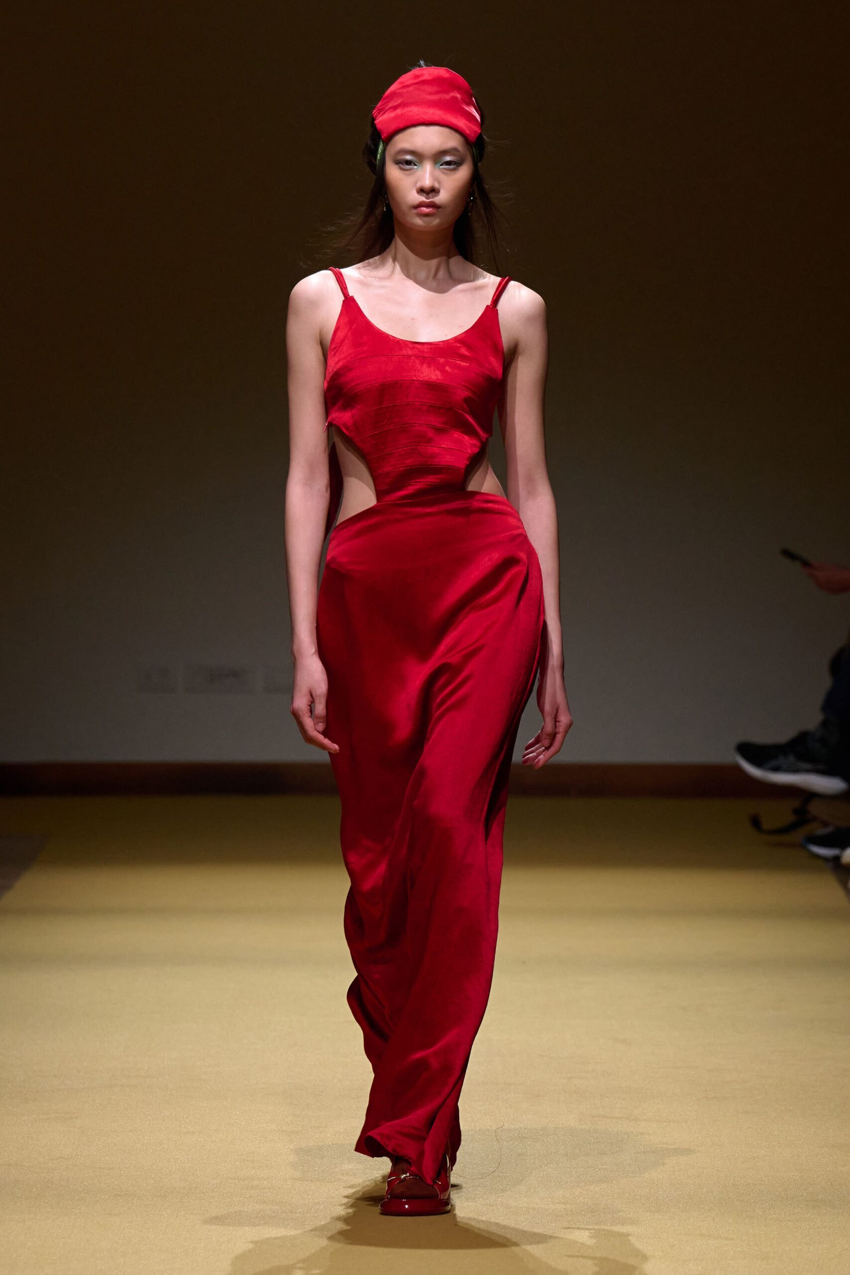 red silk sleeveless v-neck fitted draped maxi gown