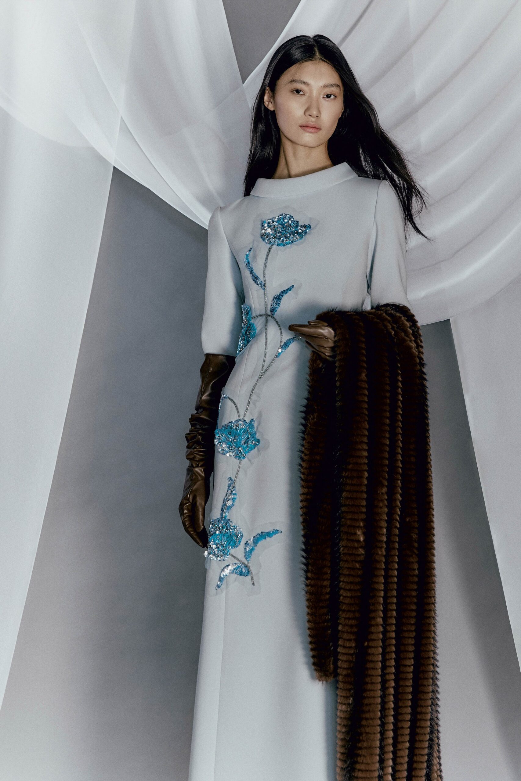 gray silk long-sleeve high-neck fitted embroidered maxi gown