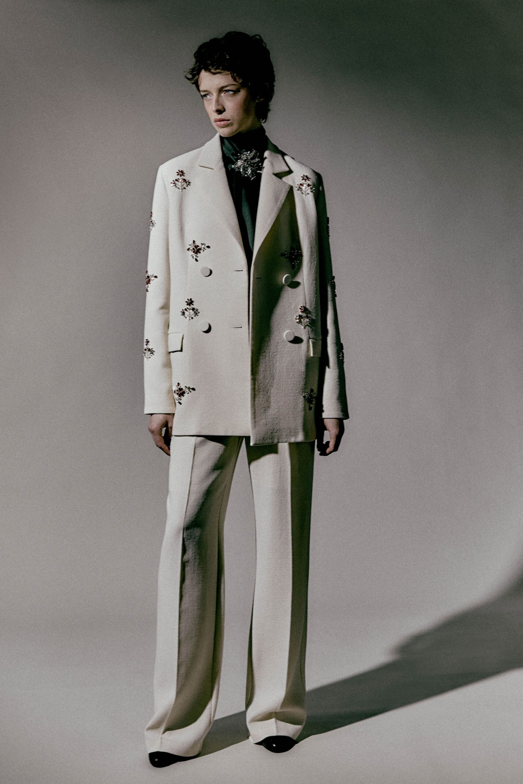 white wool tailored straight-leg pants