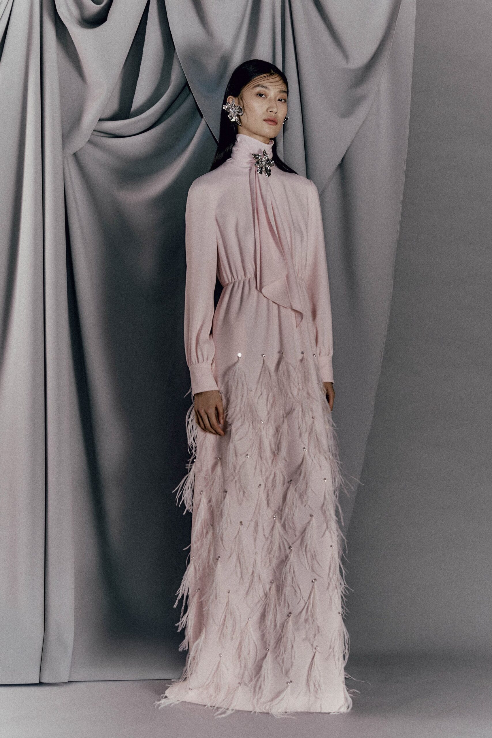 pink silk long-sleeve gown
