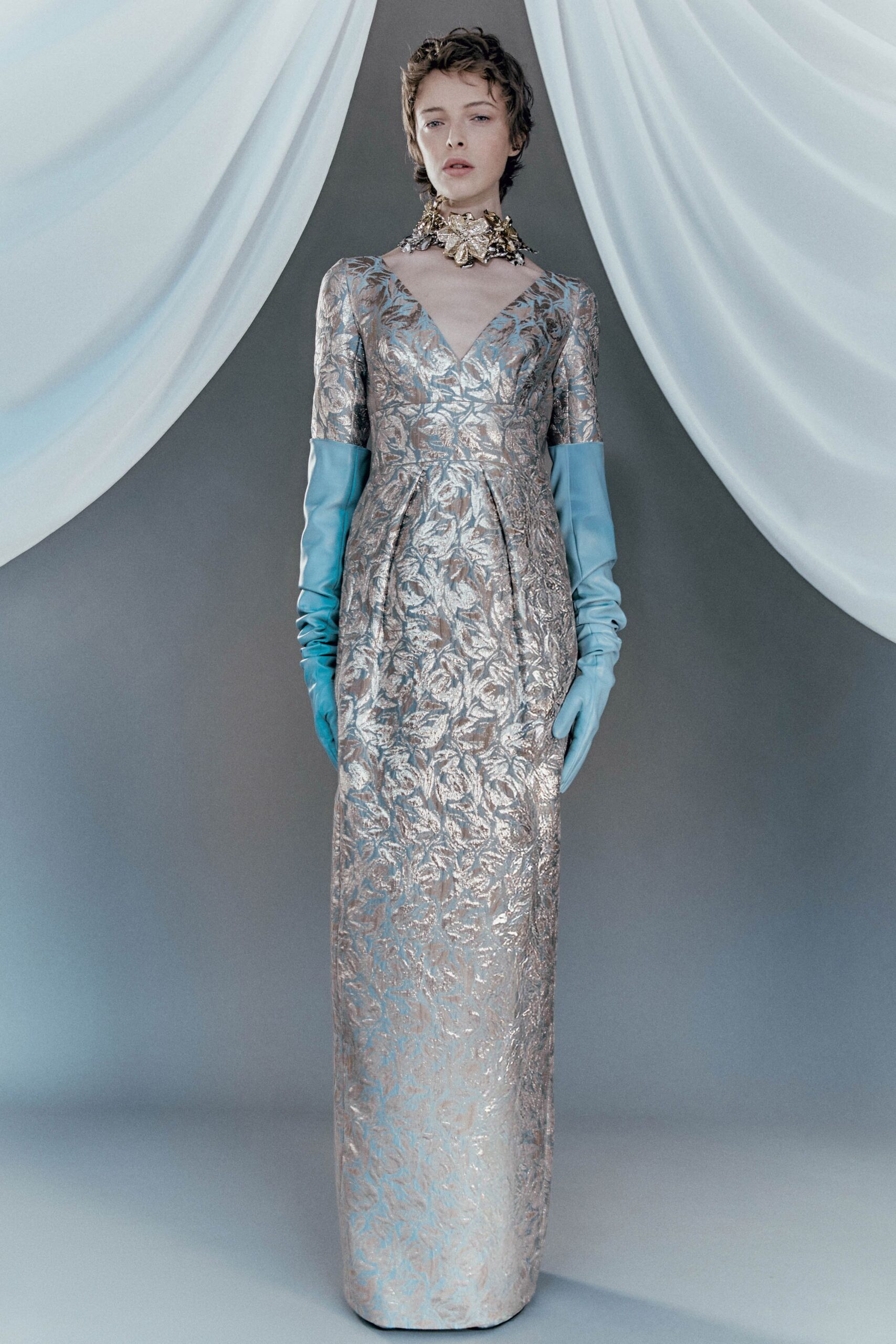 gray silk long-sleeve v-neck fitted embroidered pleated gown