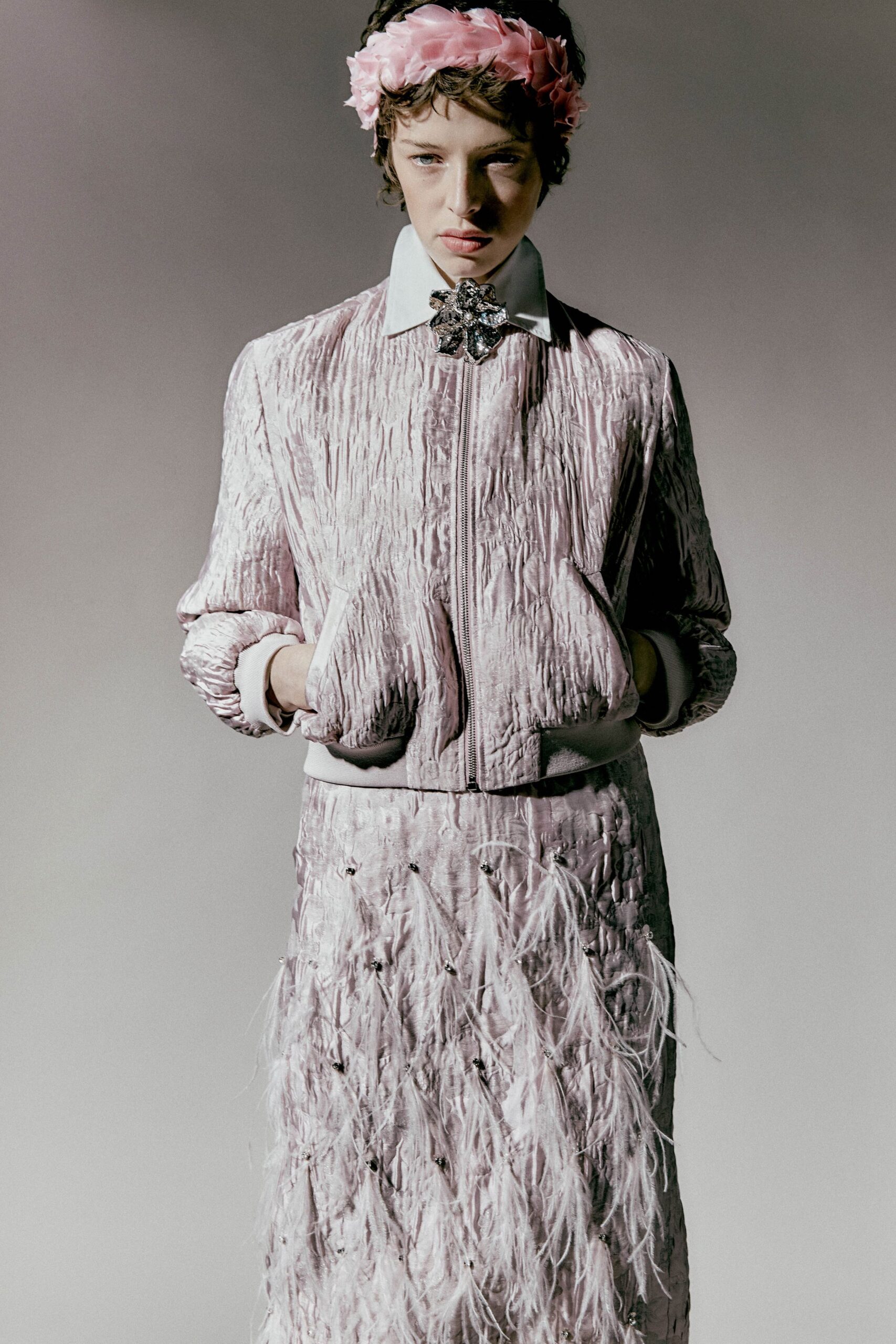 pink silk long-sleeve collared fitted pleated shiny jacket