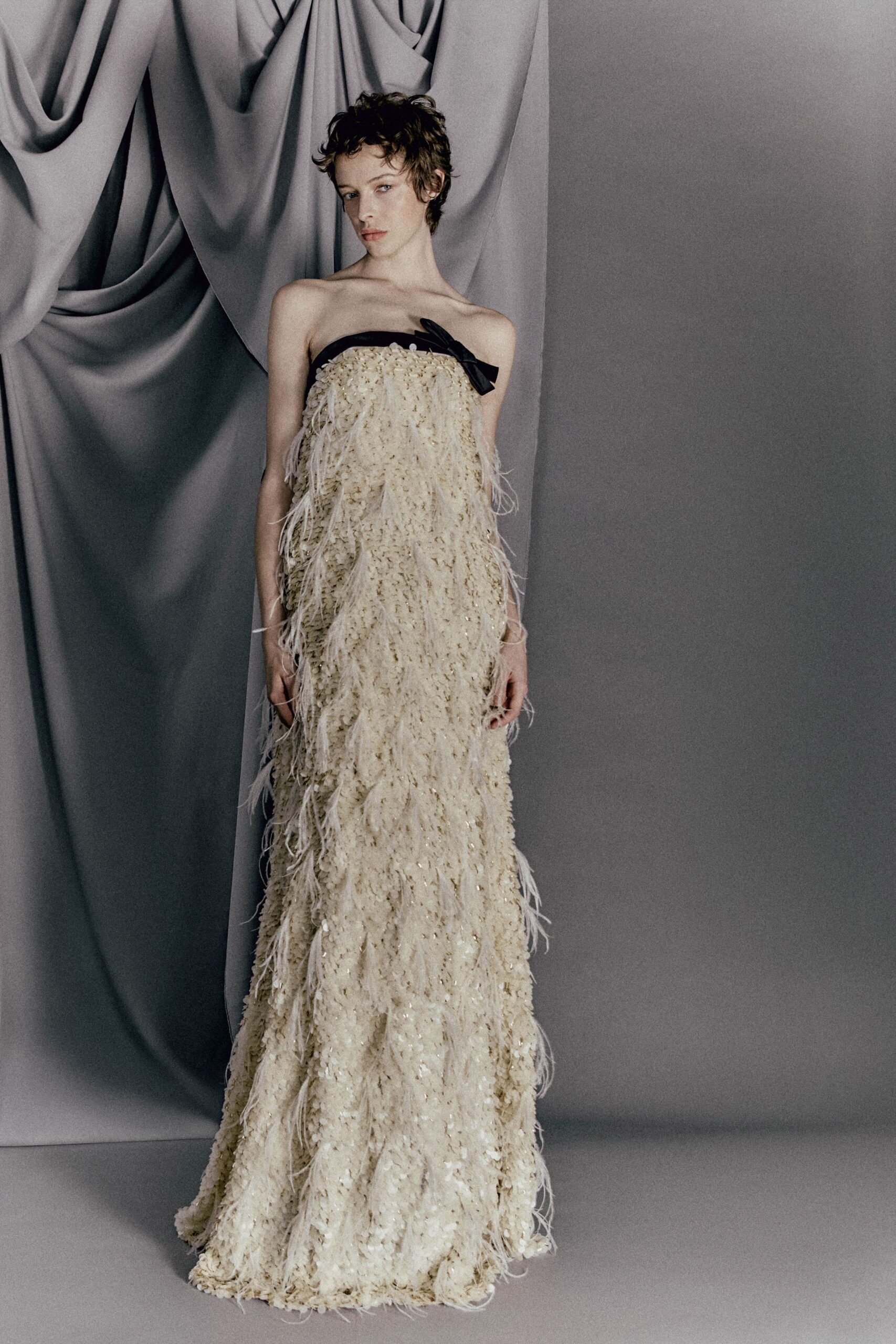 ivory silk strapless gown
