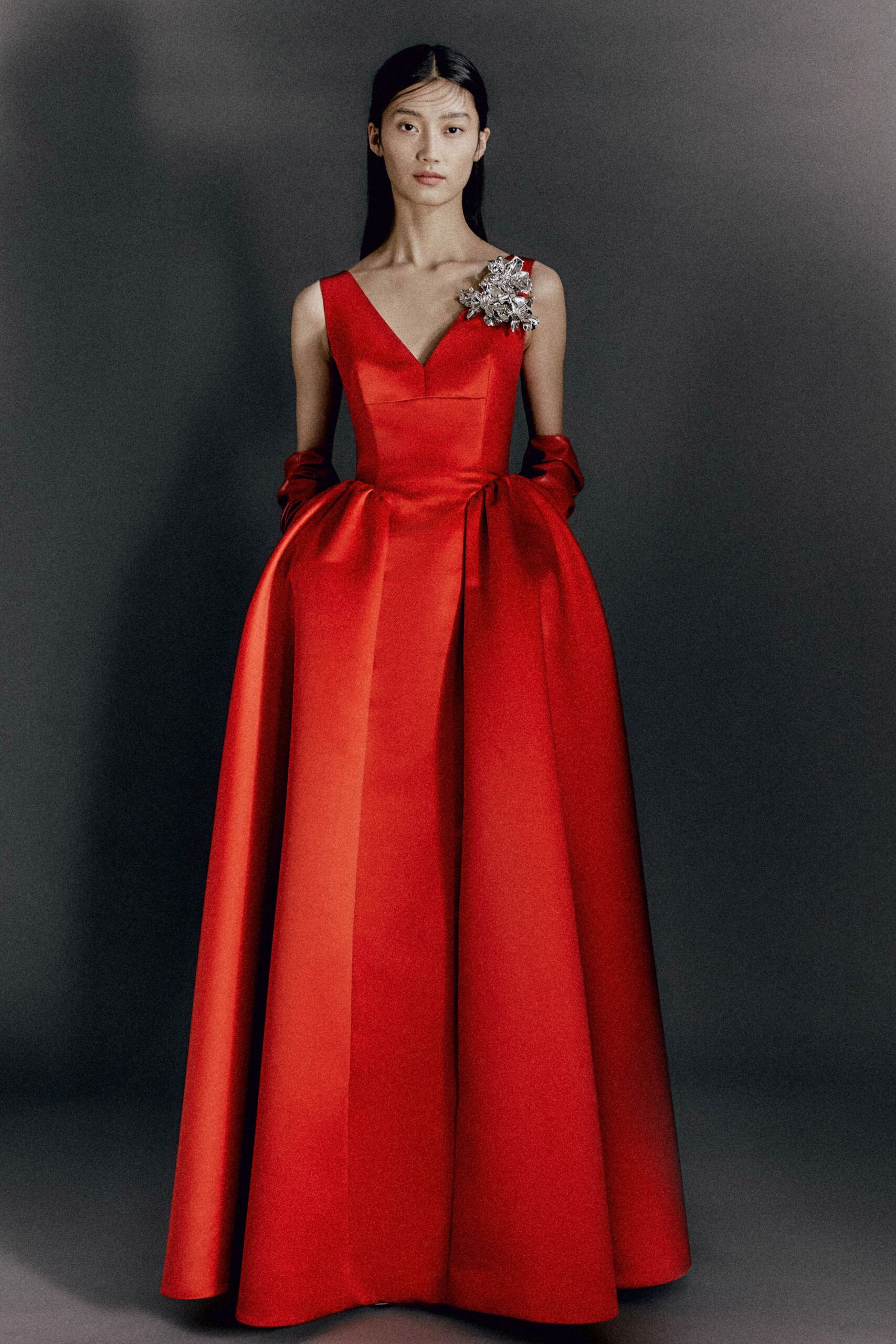 fitted red silk gown