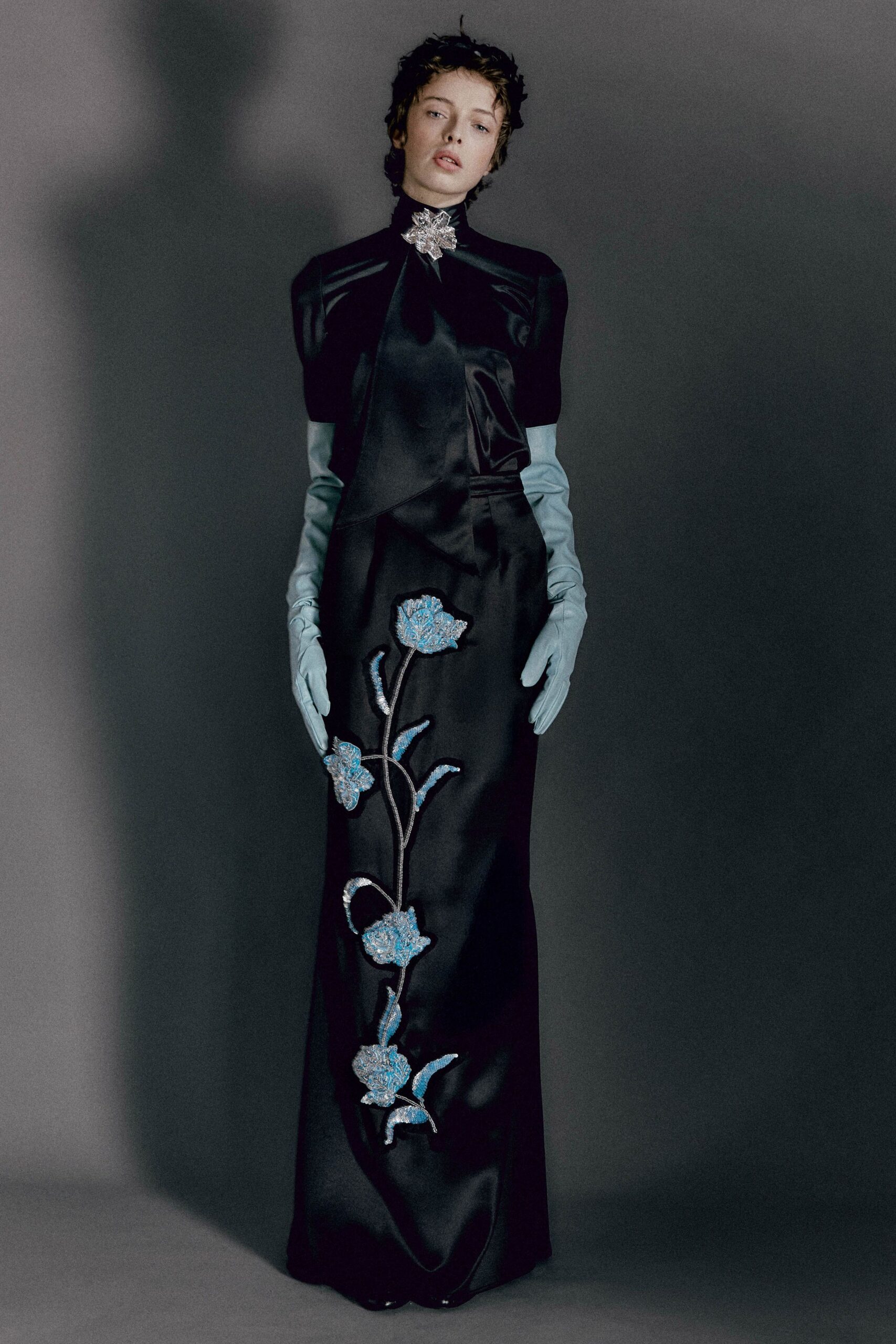 black silk short-sleeve high-neck fitted embroidered maxi gown