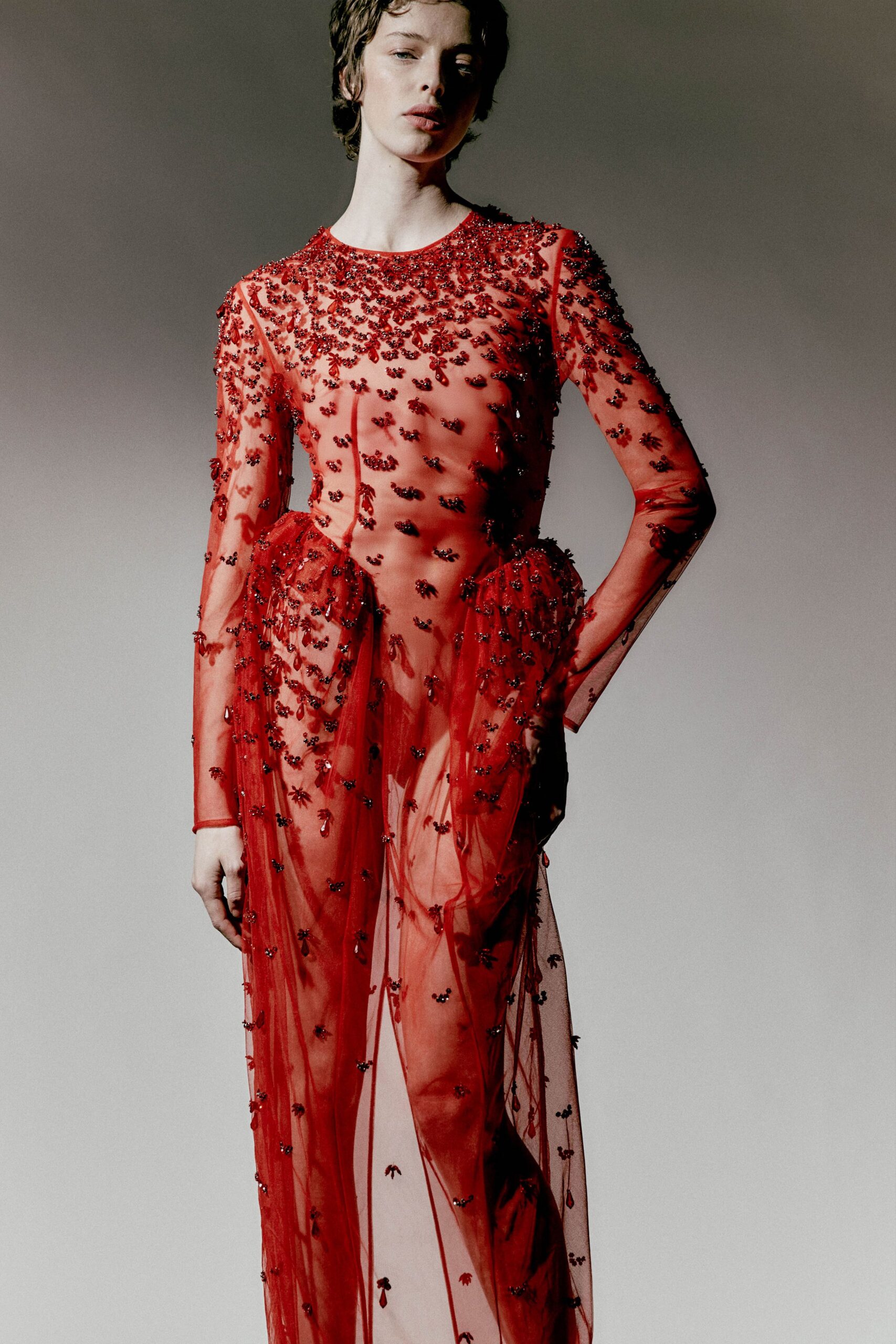 red embellished sheer gown