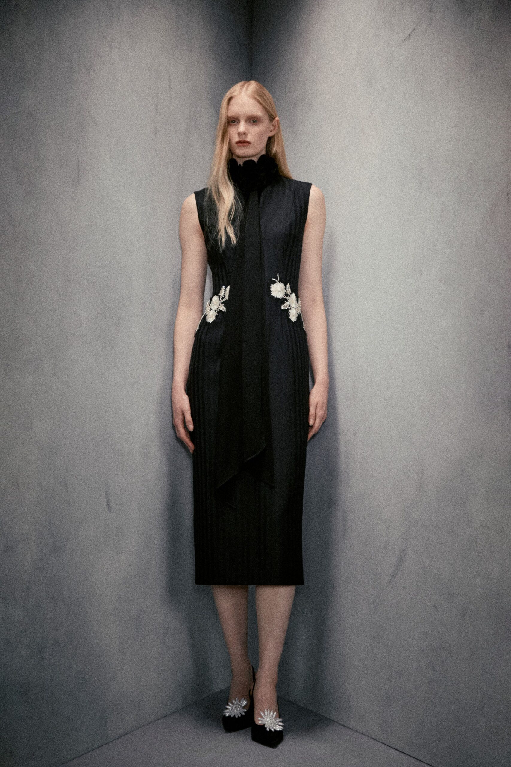black silk sleeveless high-neck fitted pleated embroidered dress