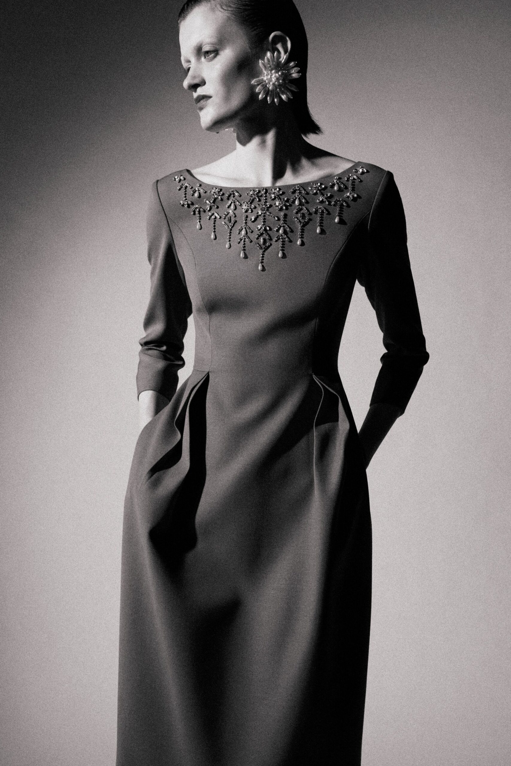 black silk fitted gown