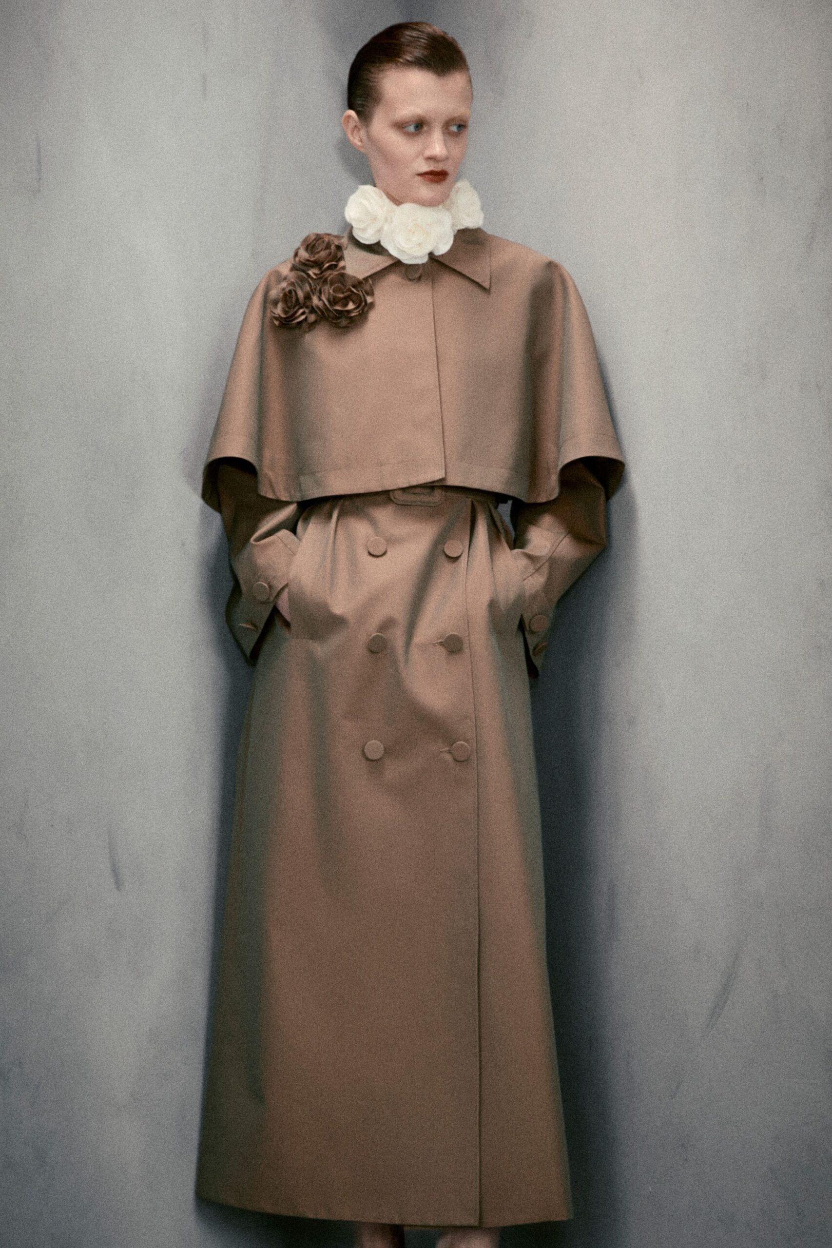 brown cotton long-sleeve collared relaxed buttoned maxi cape