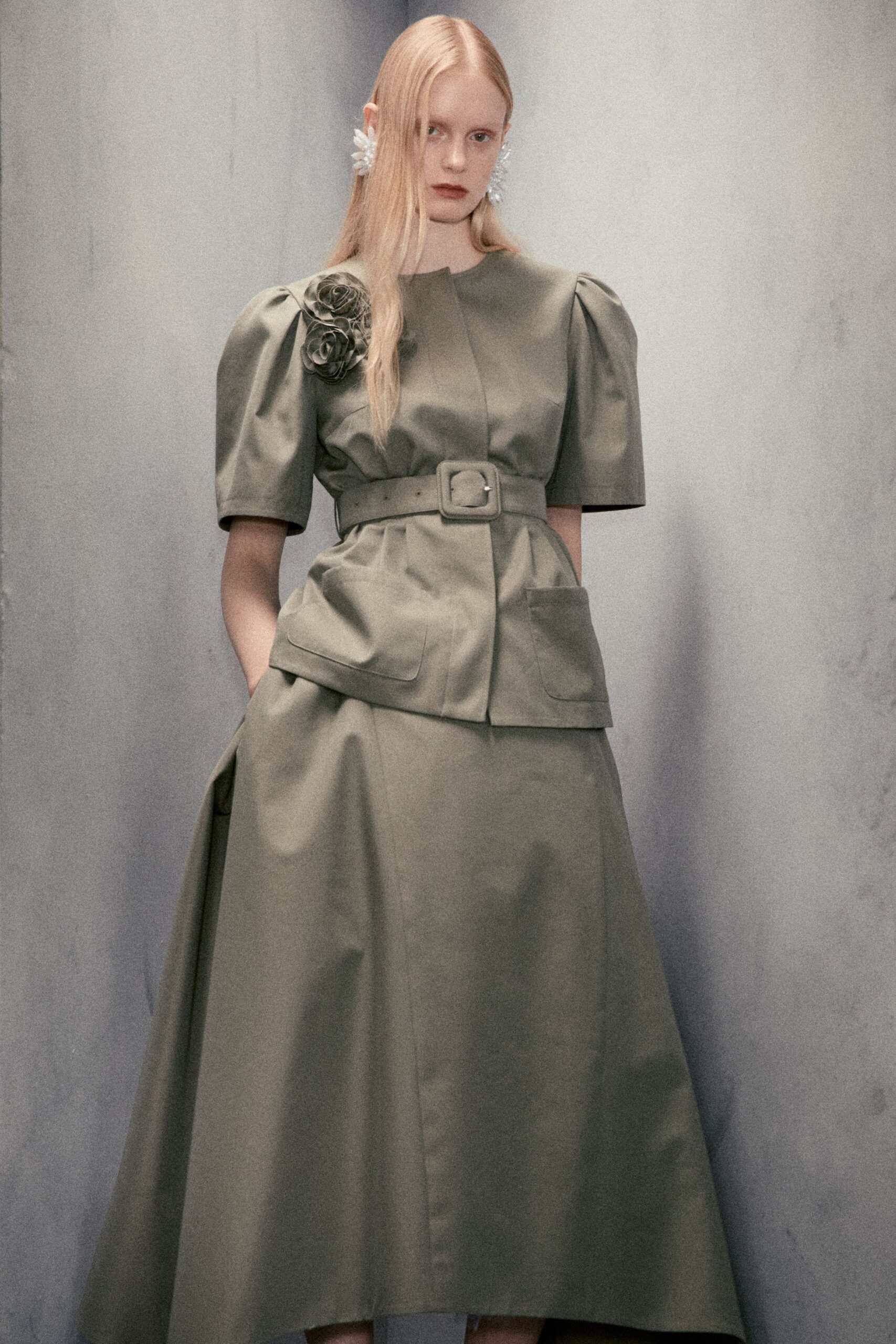 green belted midi dress