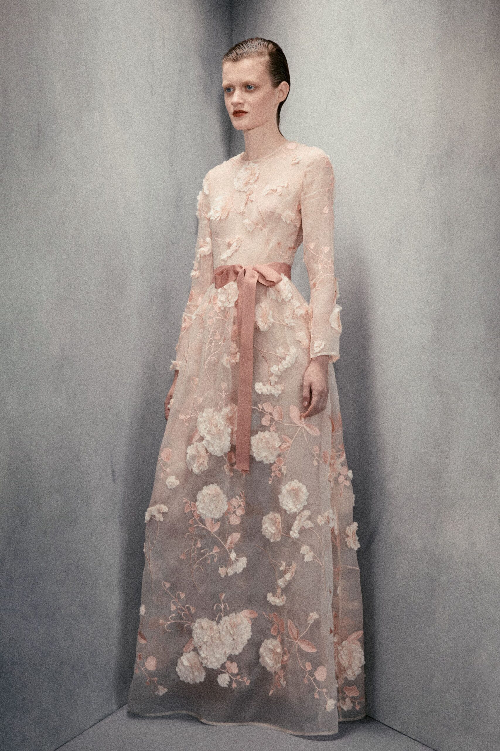 pink embroidered lace gown