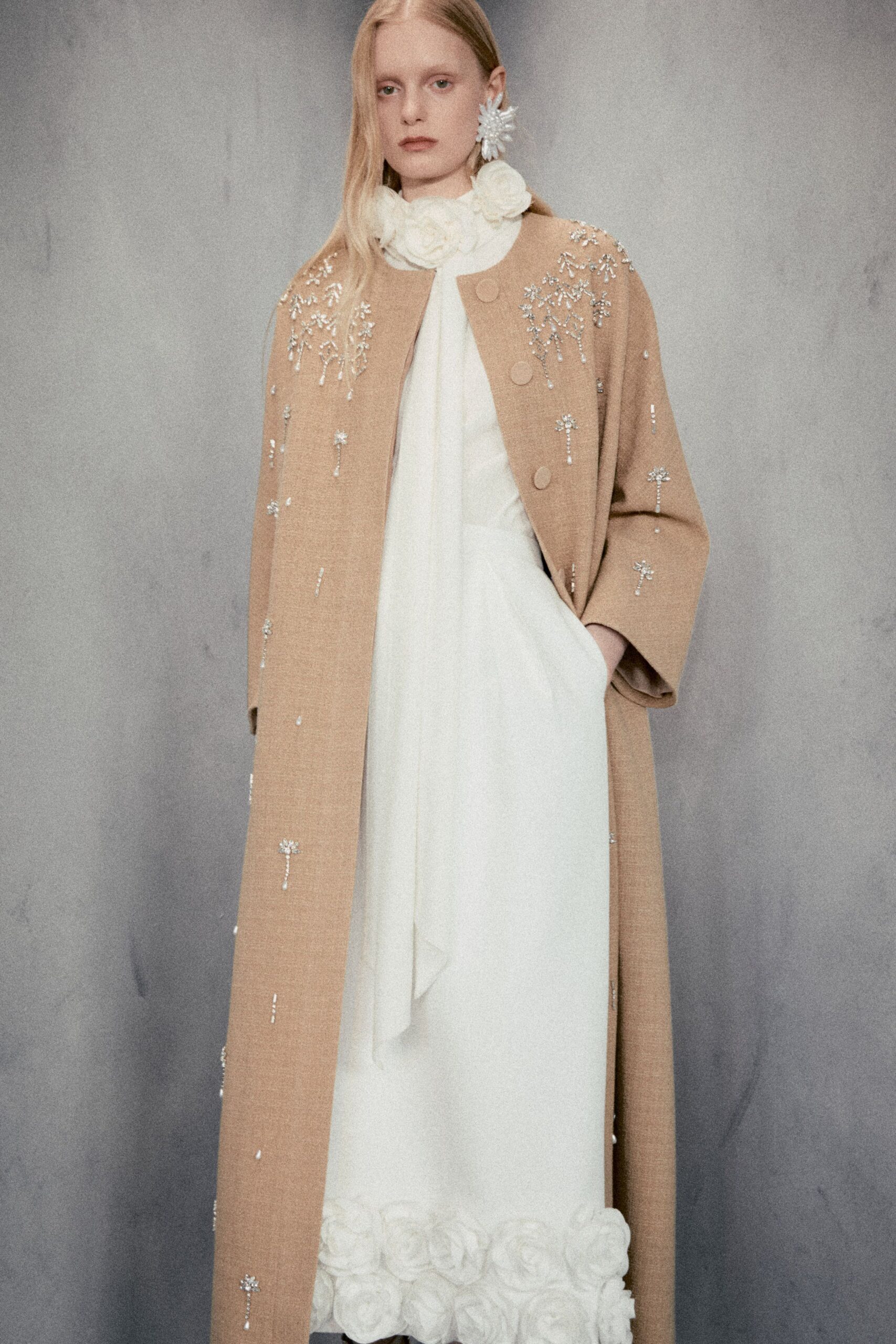 beige cotton long-sleeve collared relaxed embroidered maxi coat