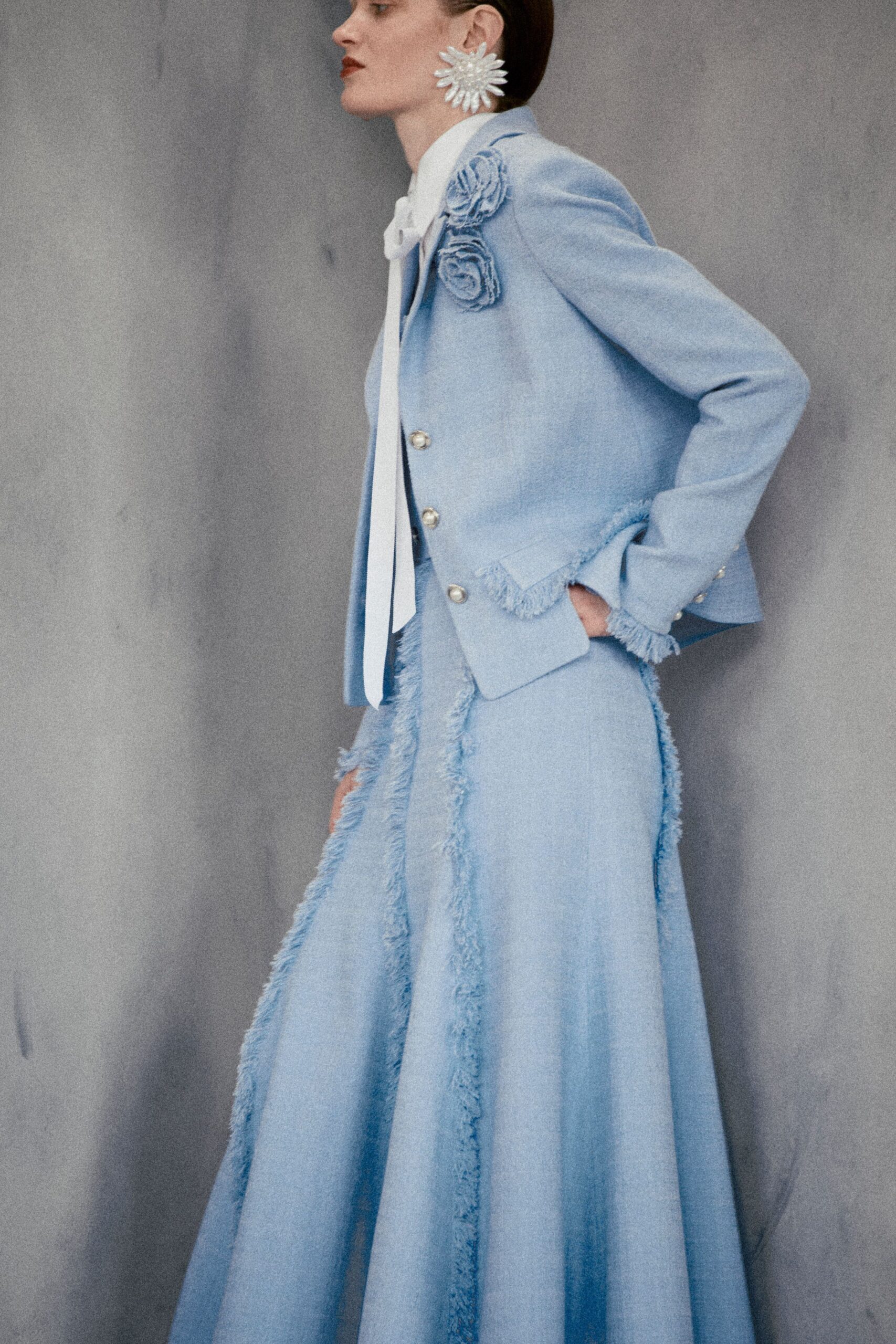blue cotton long-sleeve collared fitted fringed jacket