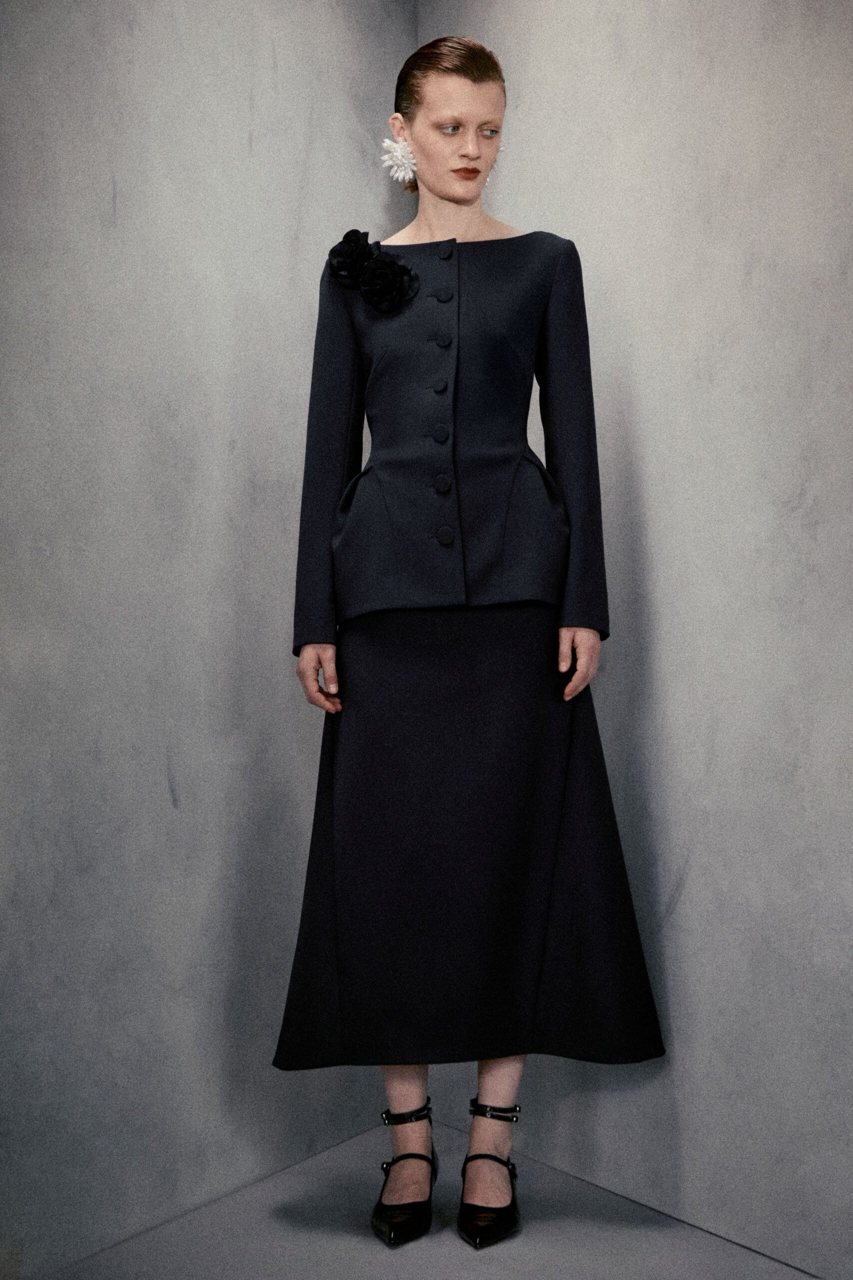 black wool fitted a-line midi skirt