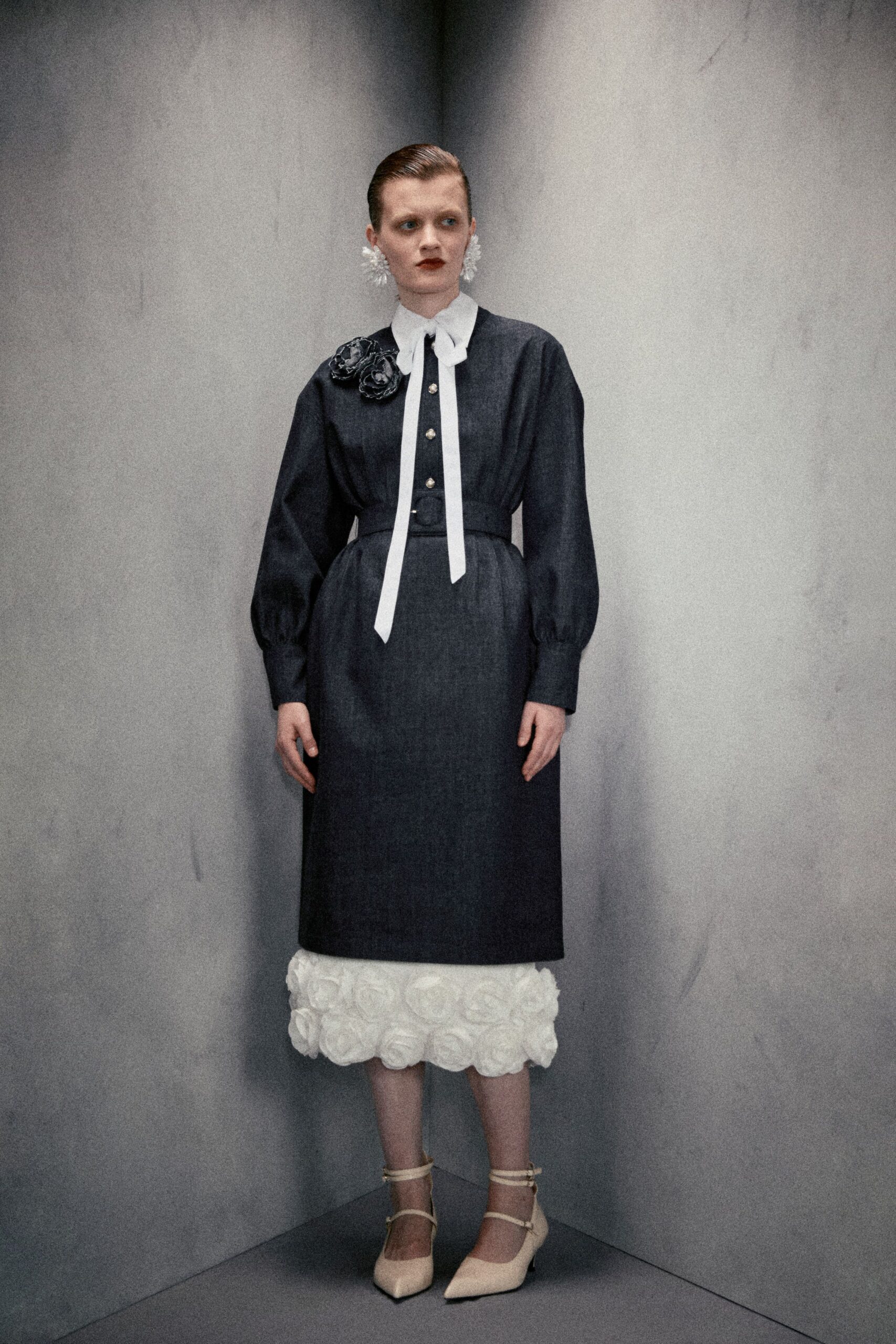 blue denim long-sleeve collared fitted buttoned pleated dress