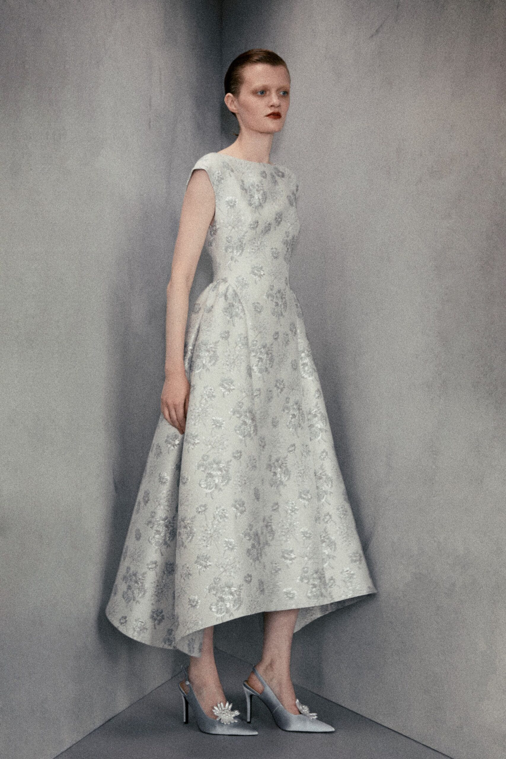 gray silk sleeveless high-neck fitted flared embroidered dress