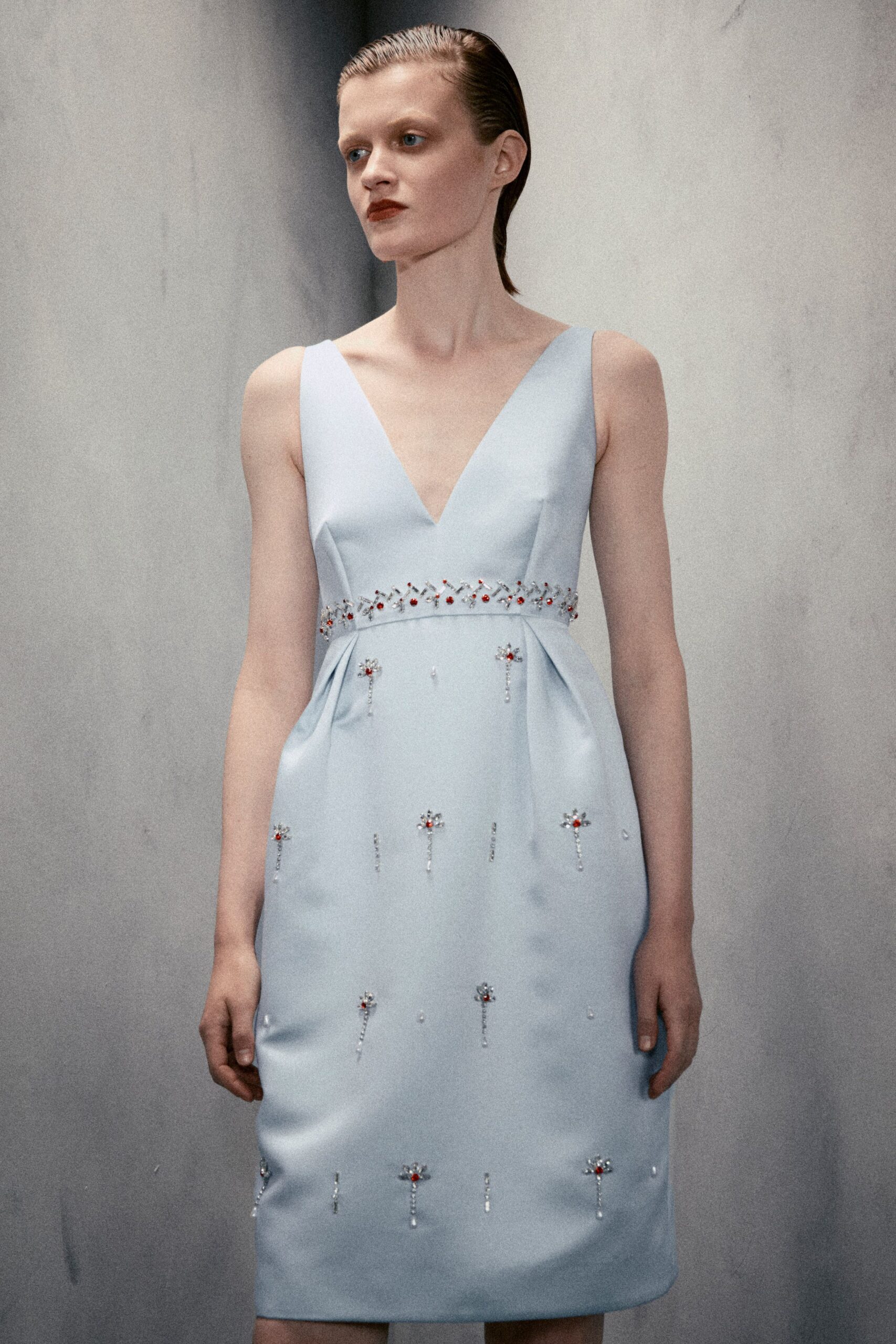 fitted blue silk sleeveless dress