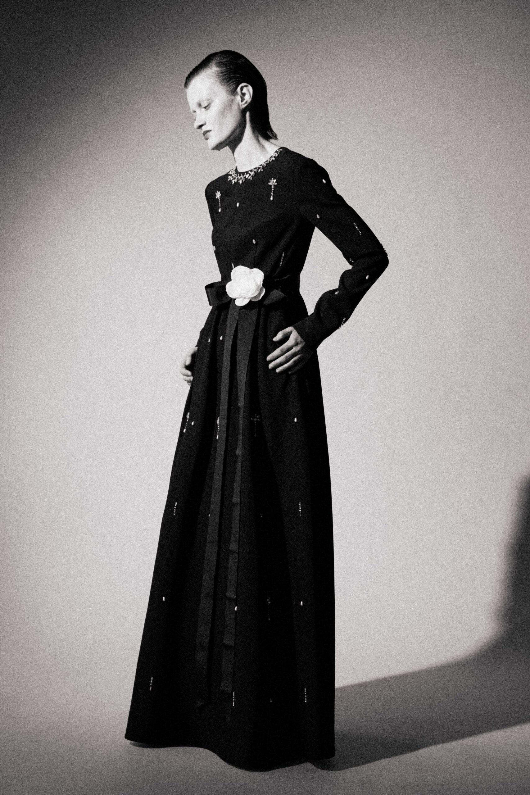 black silk long-sleeve gown