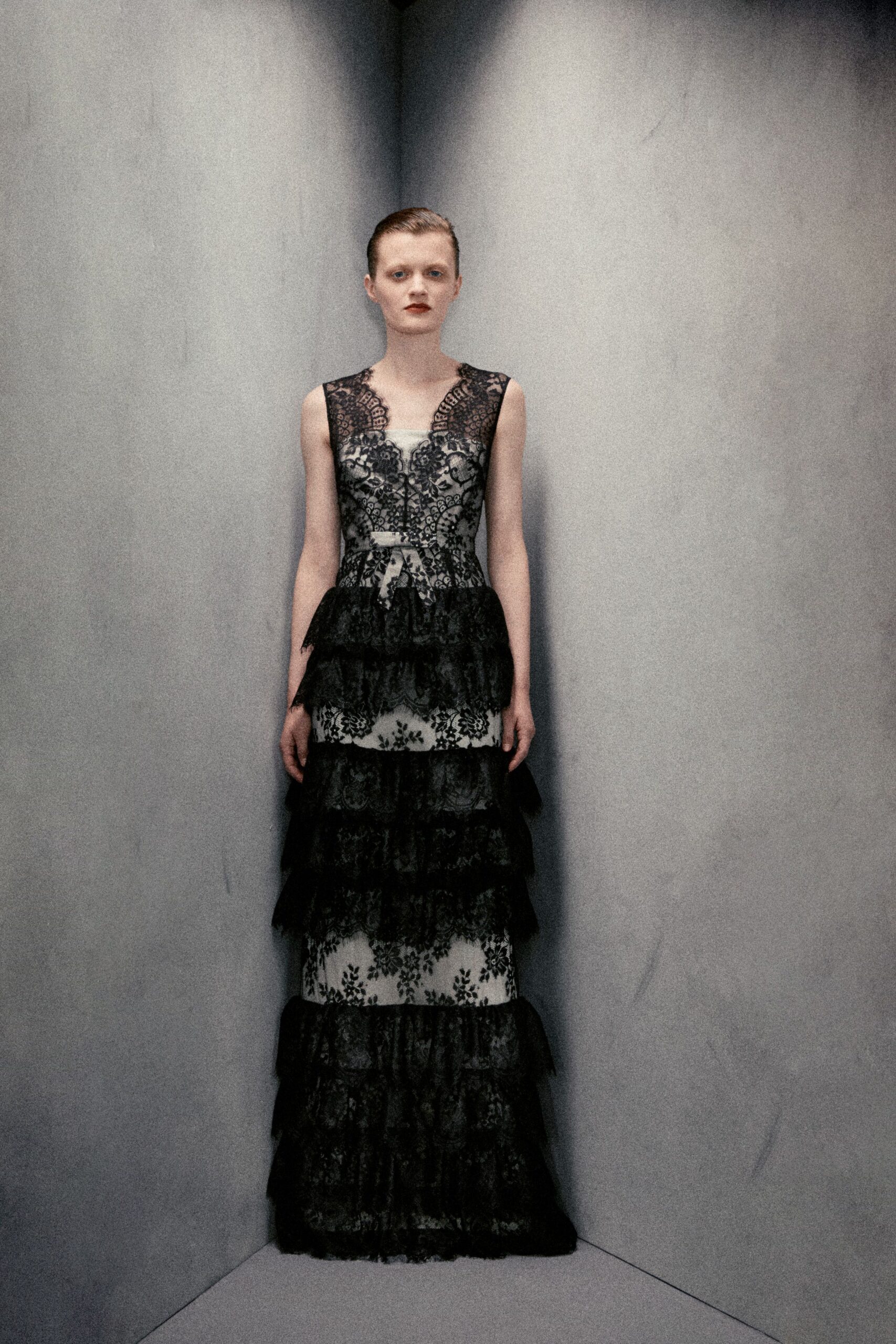 black and white tiered gown