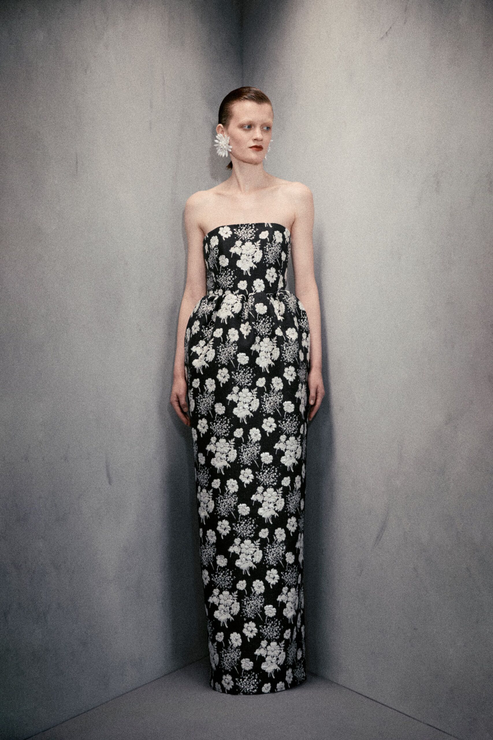 black and white floral gown