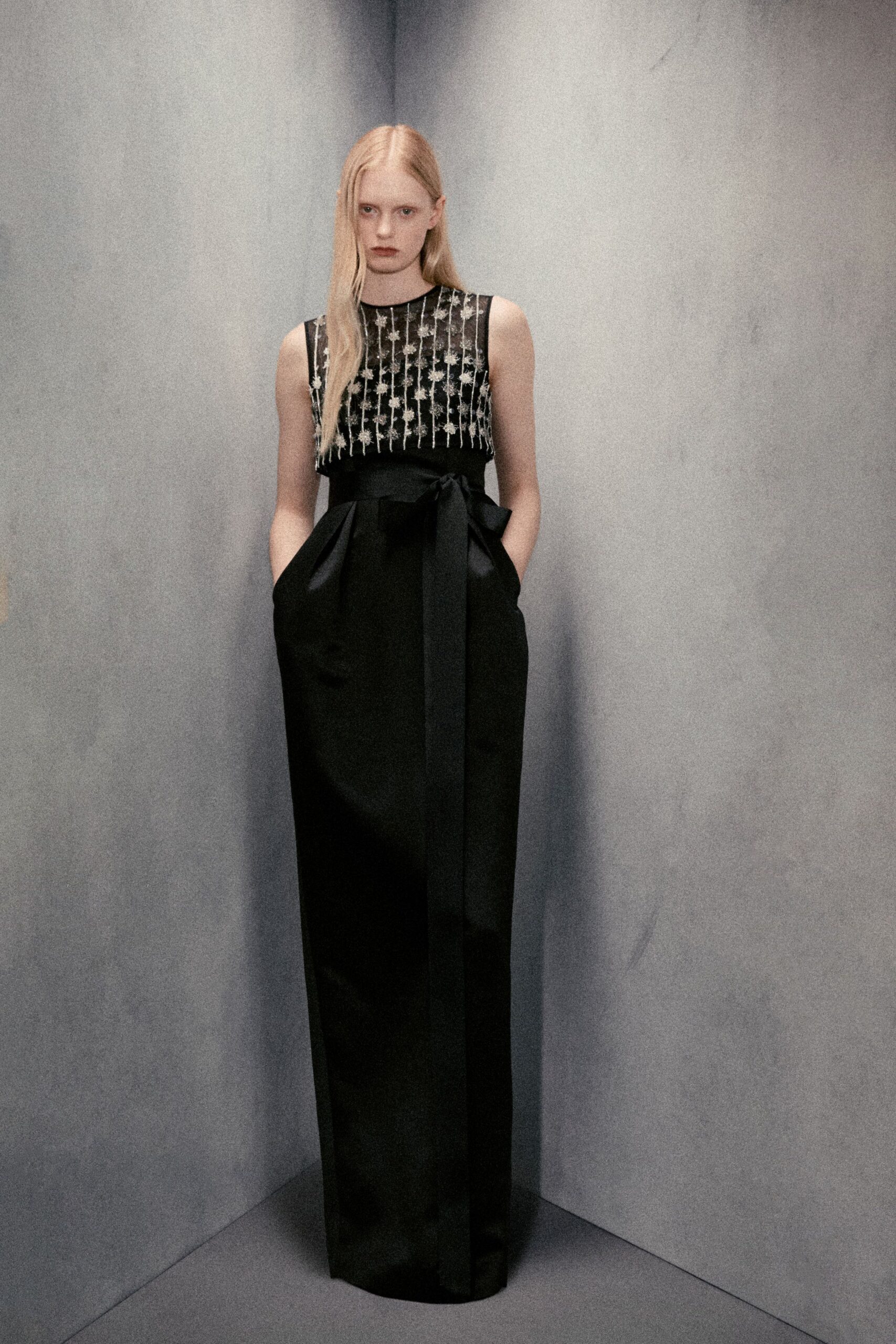 black silk sleeveless gown