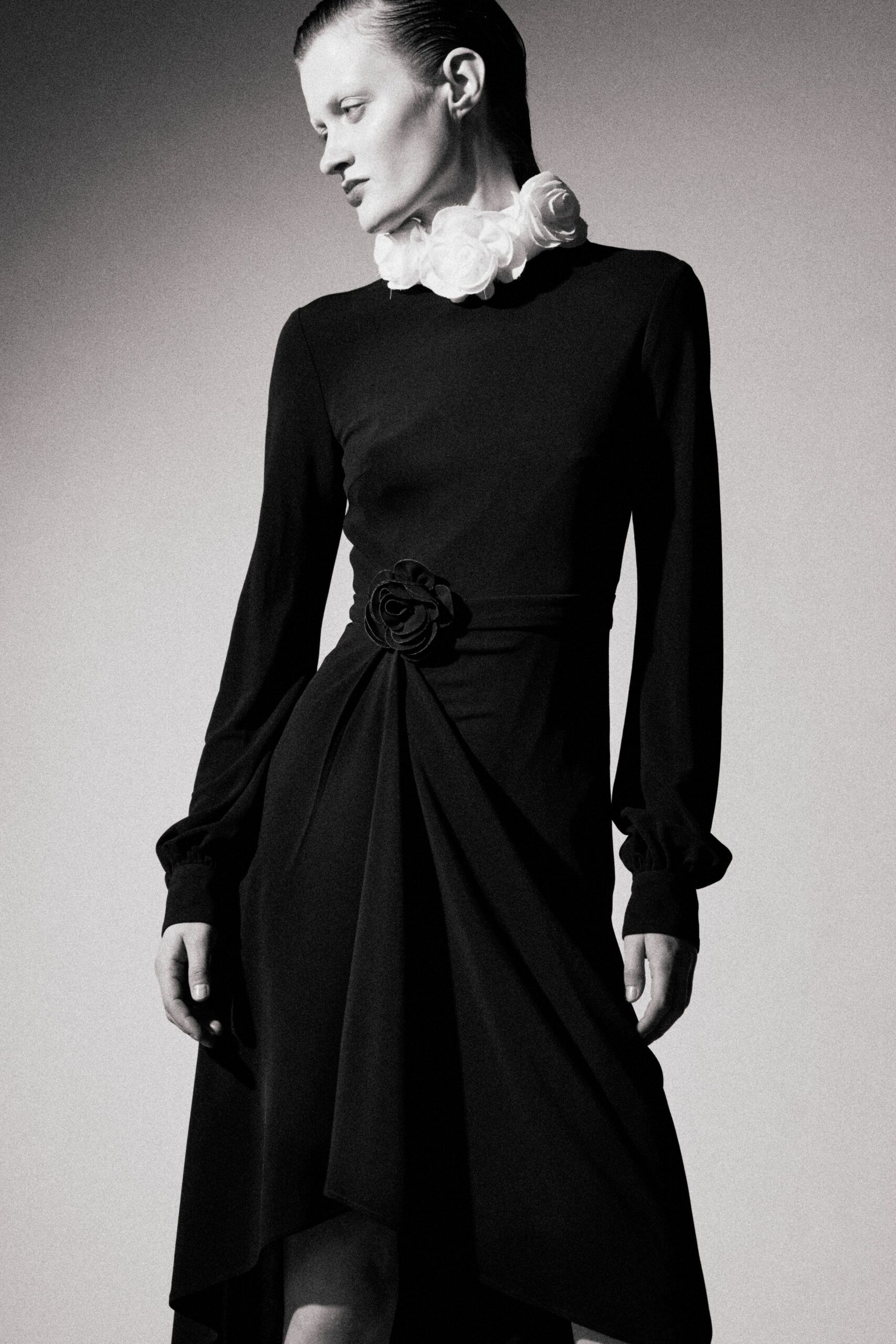 black silk long-sleeve dress