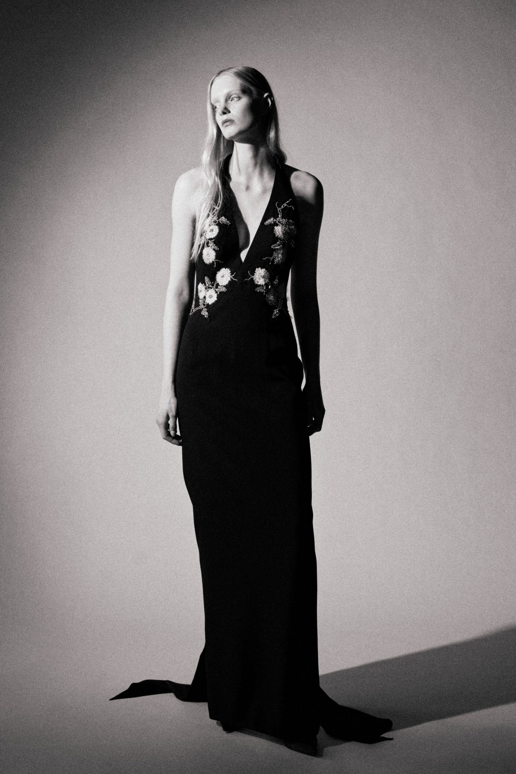 black silk sleeveless gown