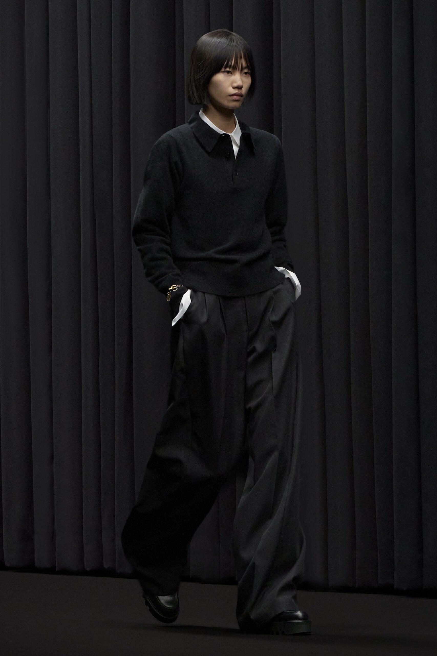black wool long-sleeve collared relaxed sweater