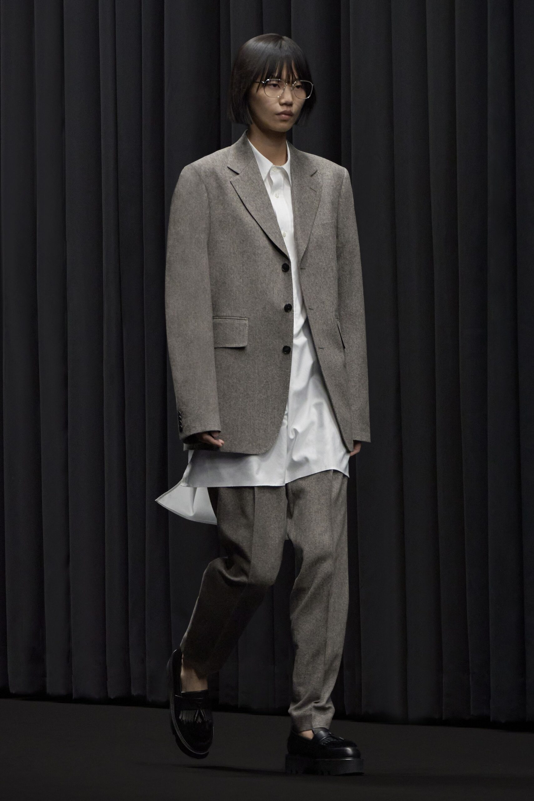 gray wool tailored straight-leg pants