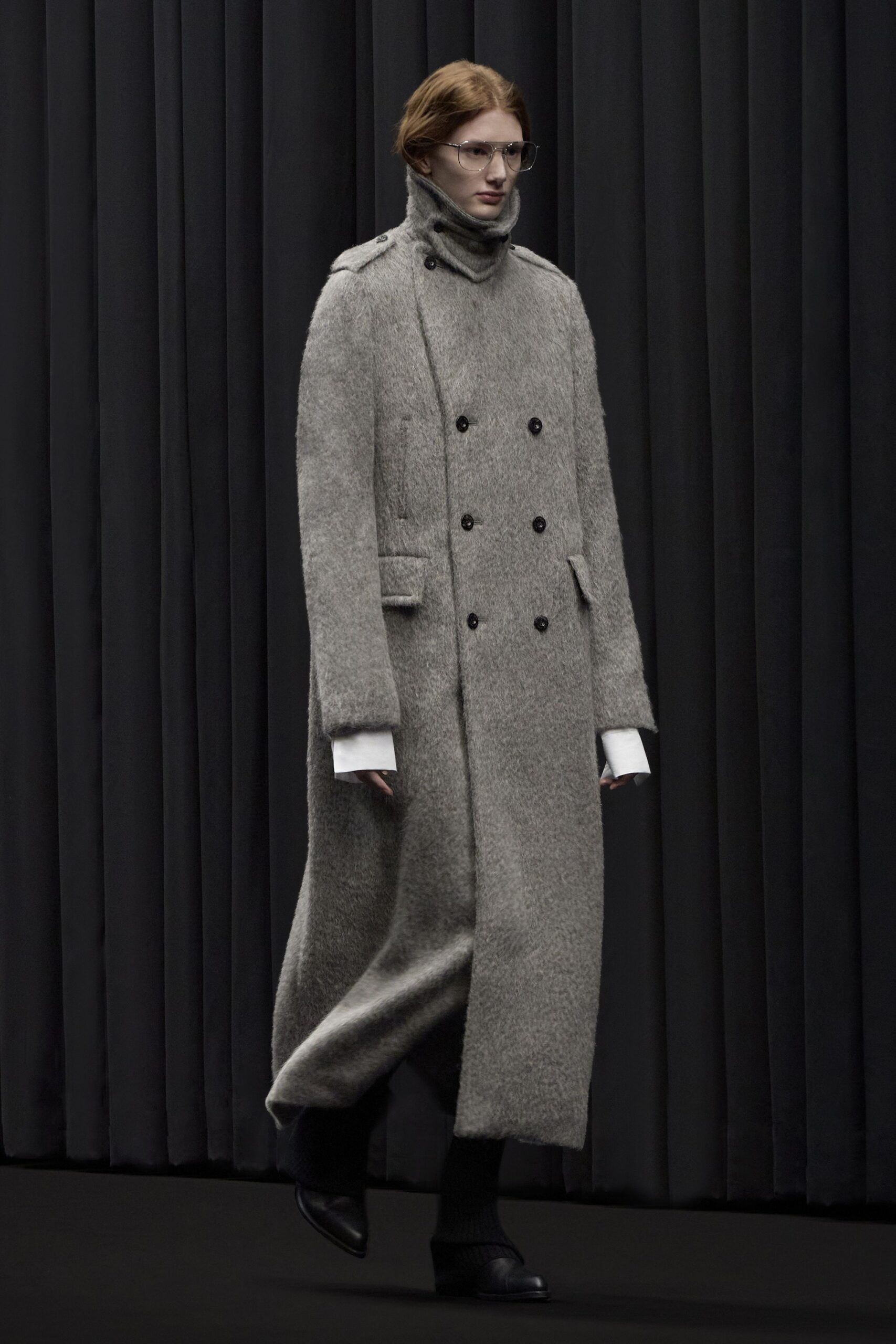 gray wool long-sleeve collared relaxed textured maxi coat