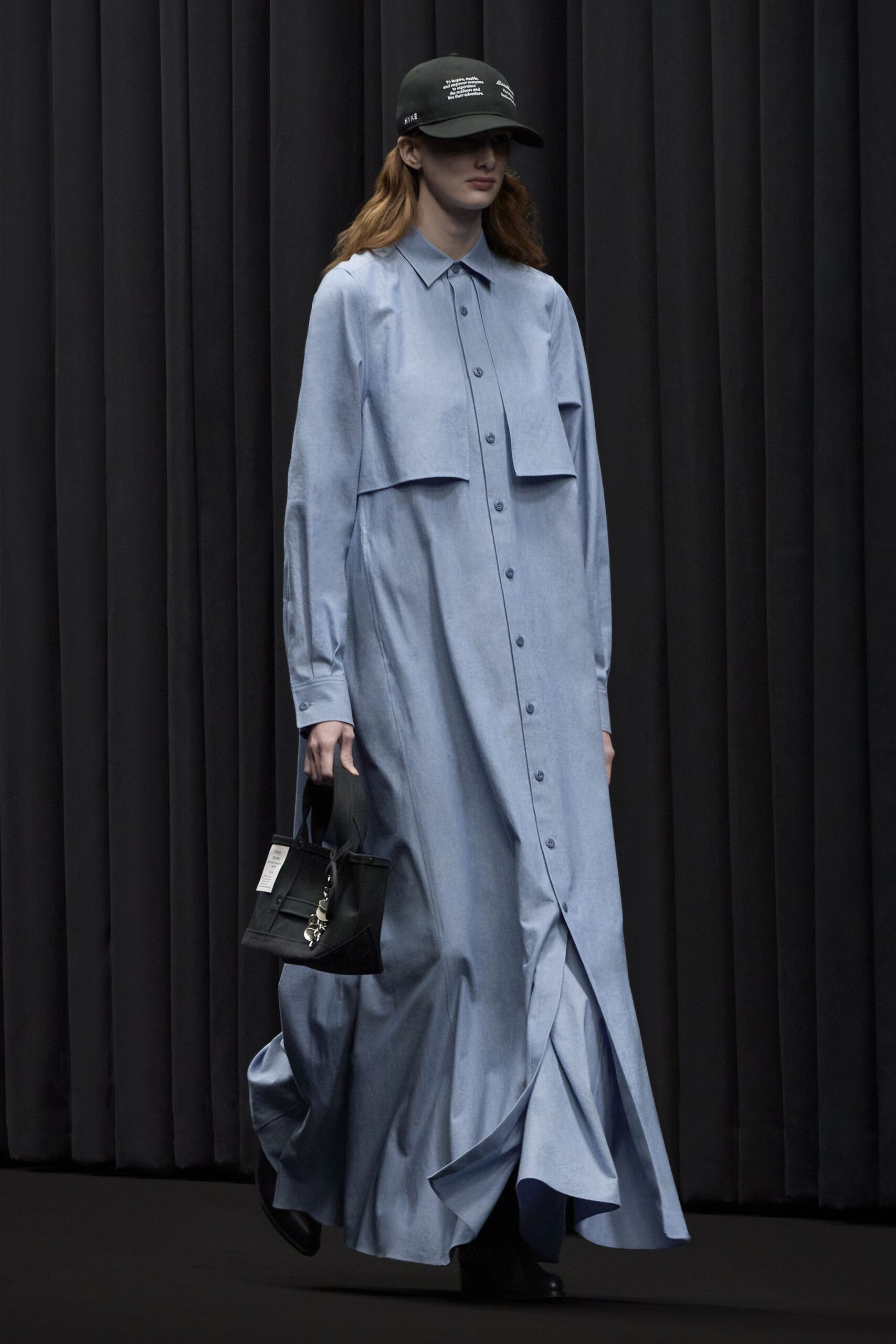blue denim long-sleeve collared relaxed buttoned pleated shirt-dress