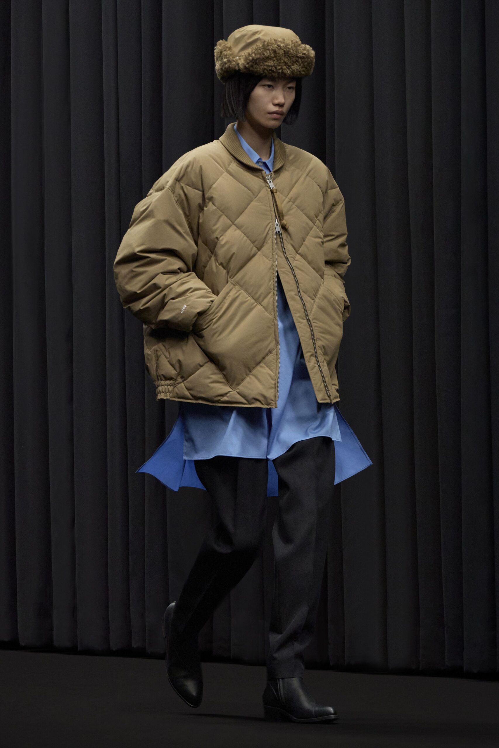 brown jersey long-sleeve collared oversized quilted jacket